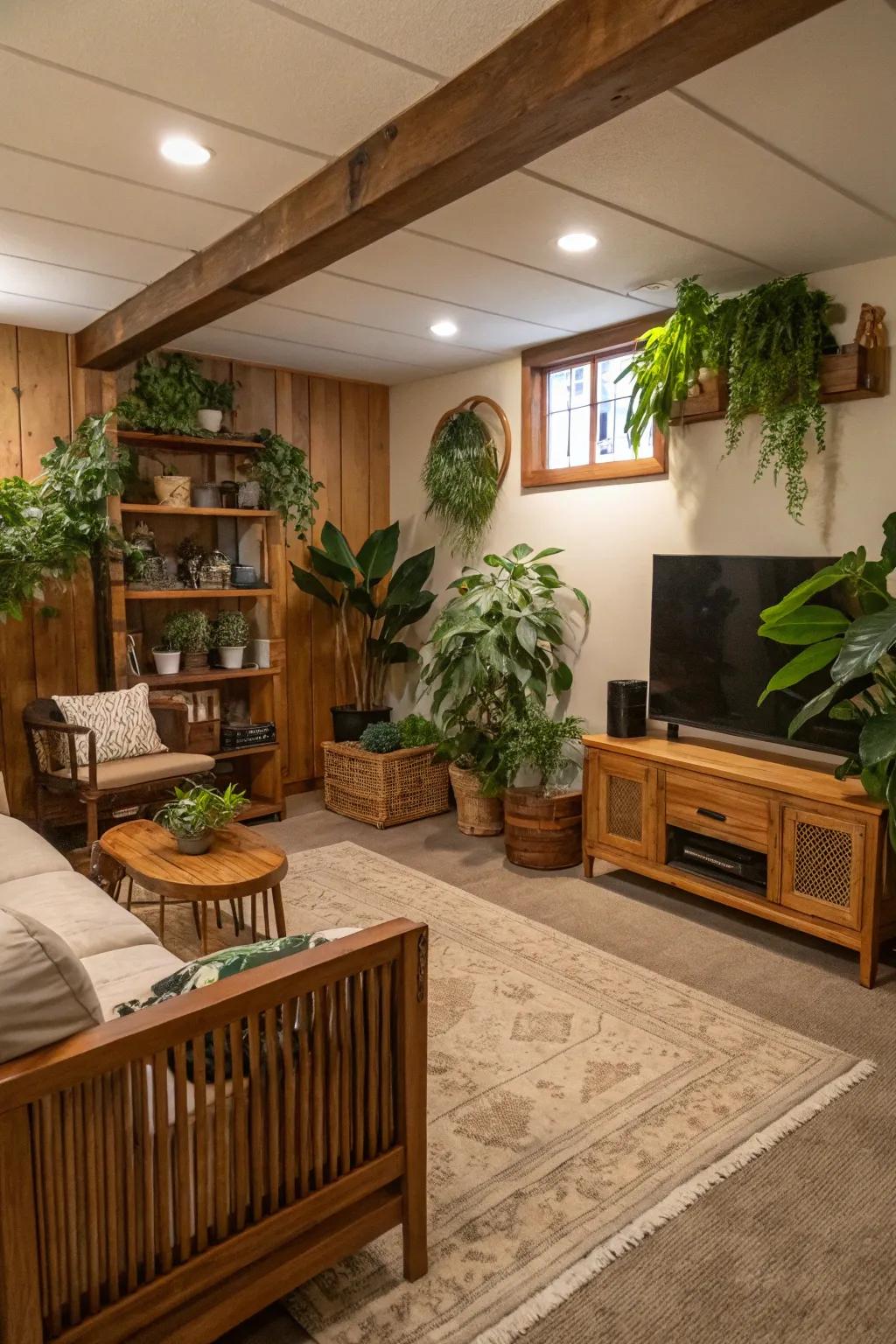 Natural accents introduce life and warmth to this welcoming basement setting.