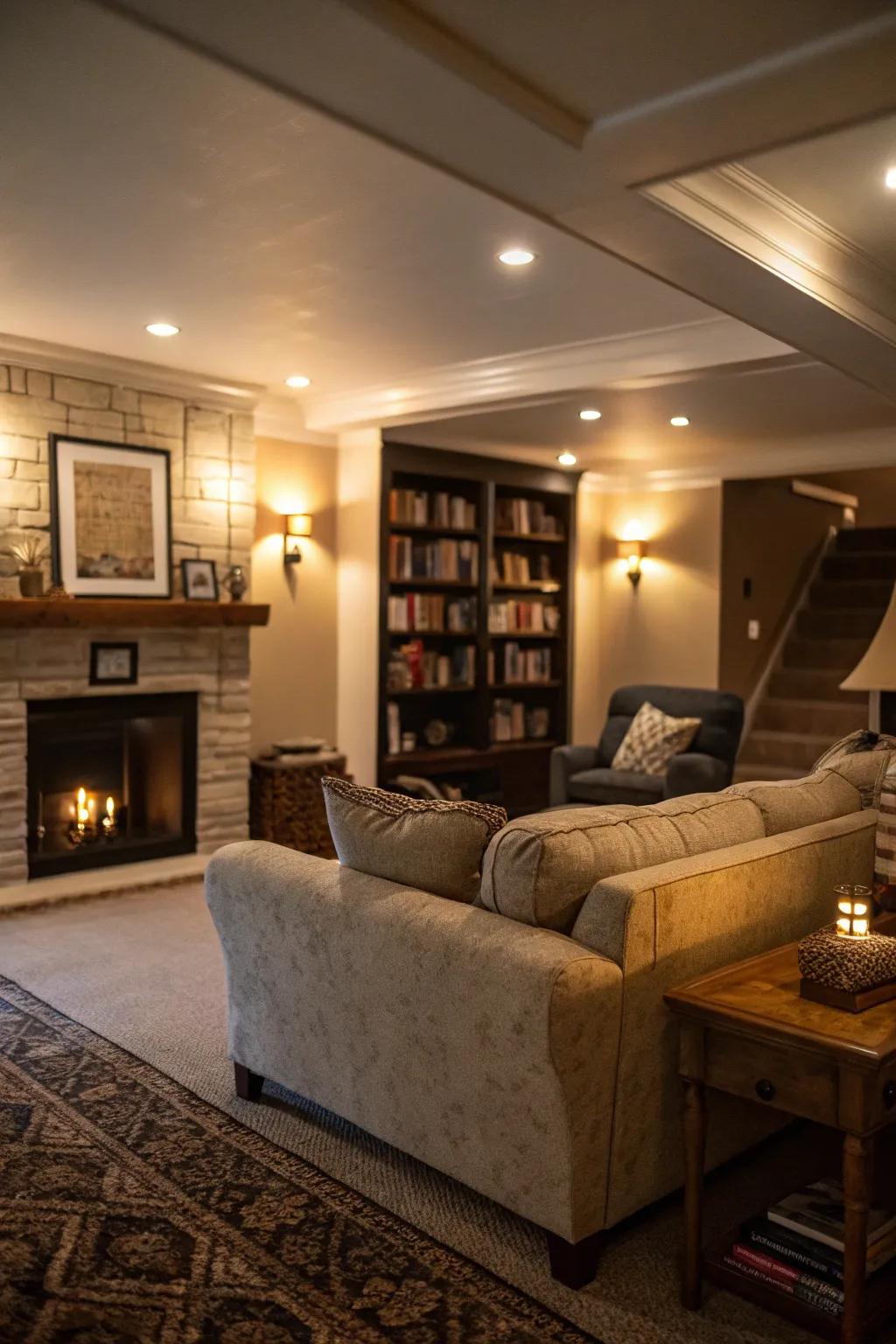 Layered lighting transforms this basement into a cozy and welcoming getaway.