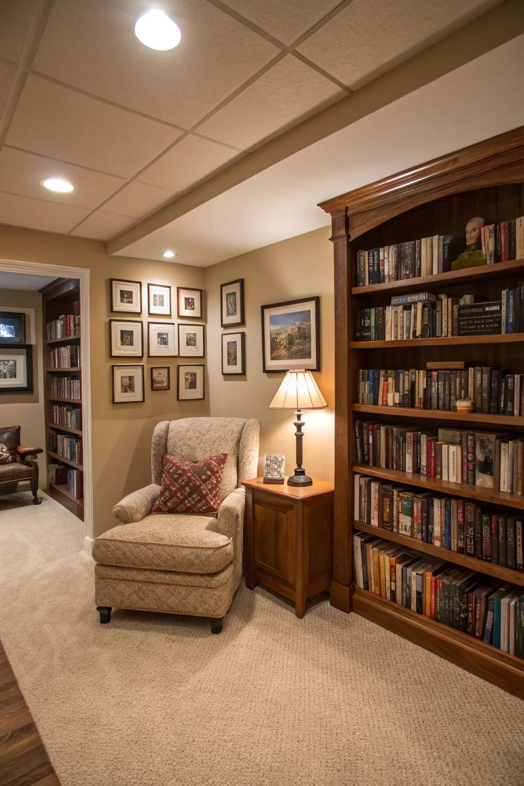 A reading corner offers a cozy retreat in this welcoming basement.