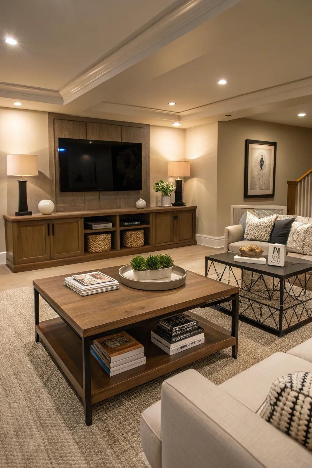 Accent pieces lend both style and purpose to this basement family area.