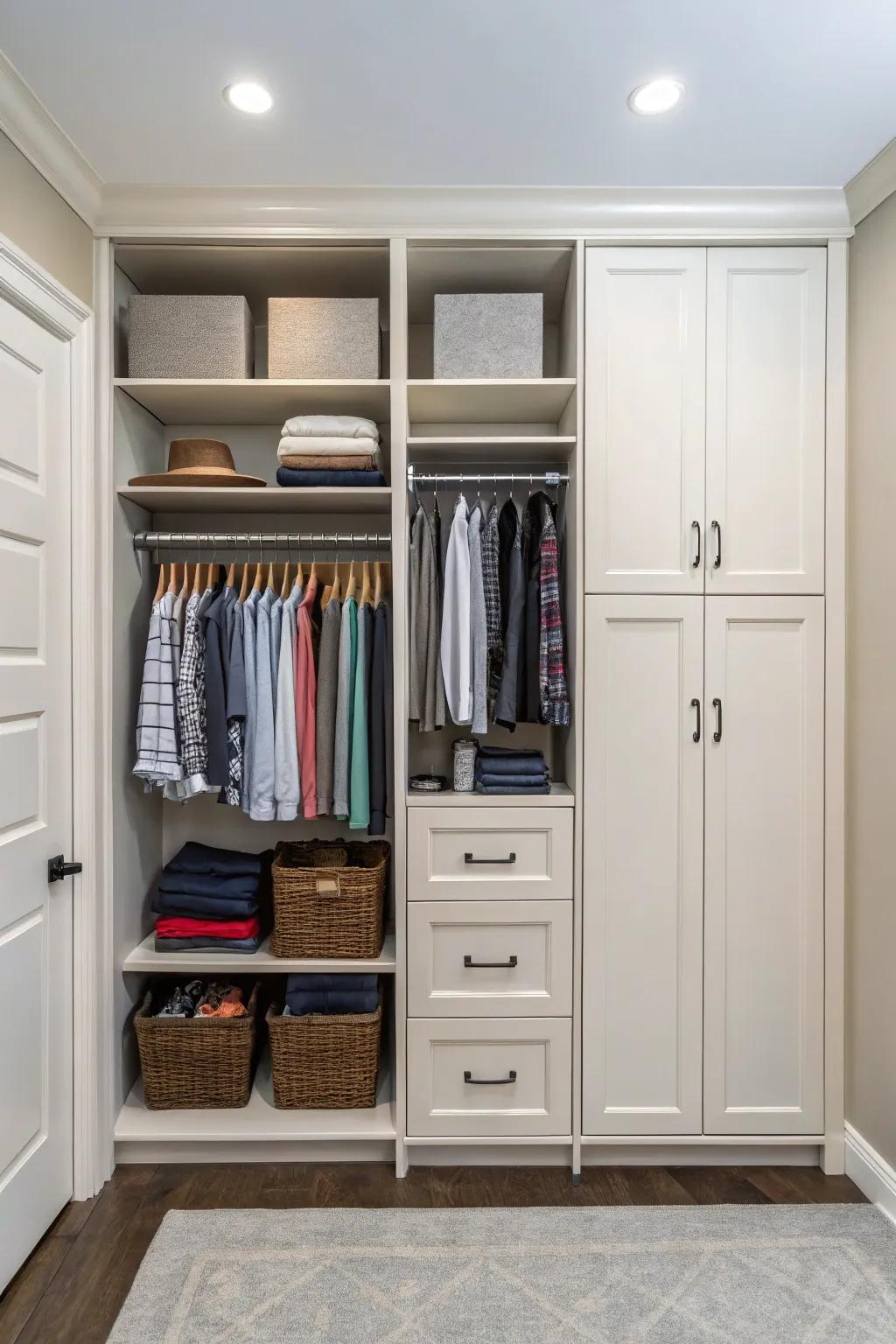 A balanced mix of accessible and enclosed storage in your closet.