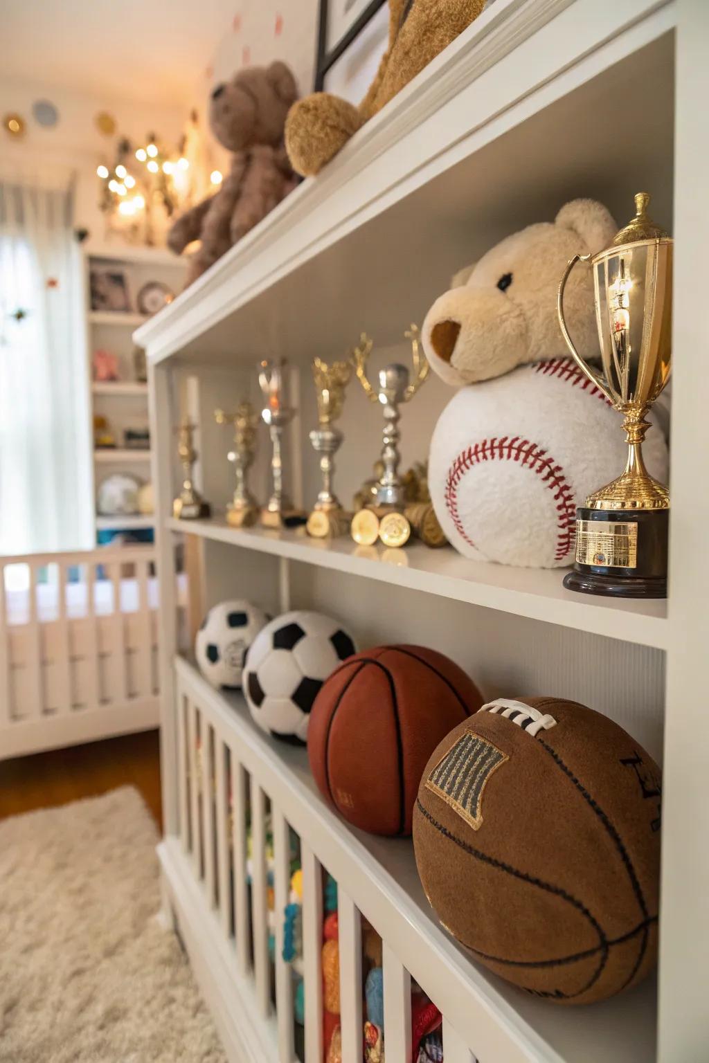 Themed accessories boost the baby room's playful athletic atmosphere.