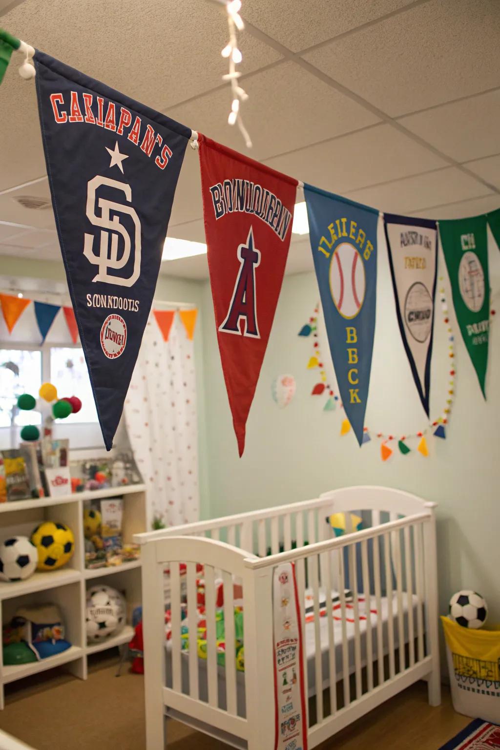 Decorative banners bring a sense of motion and color to the baby room.