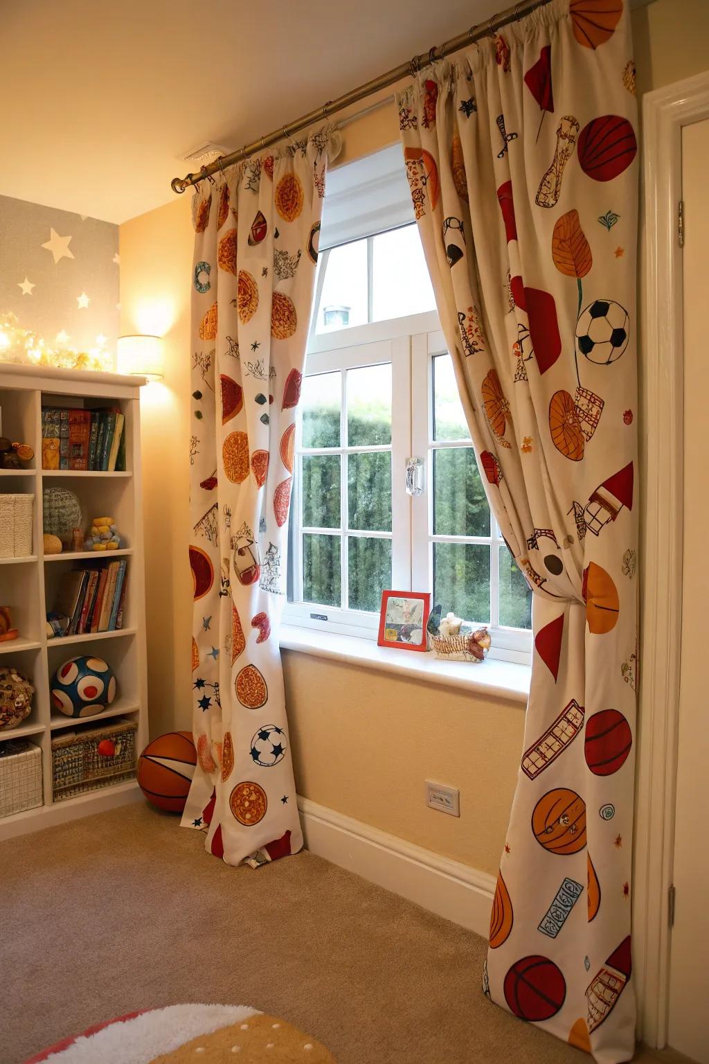 Sports-themed curtains seamlessly integrate with the overall baby room theme.