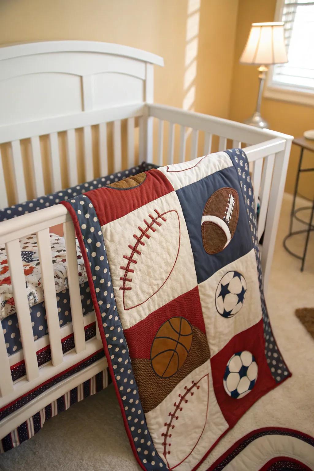 Sports-themed bedding incorporates an element of joy and coziness to the baby room.