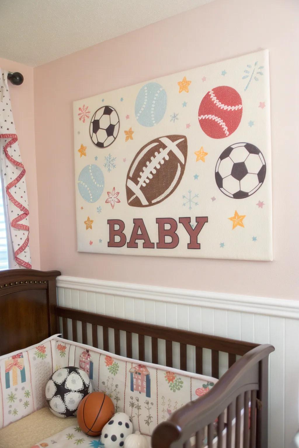 Custom sports-themed wall art introduces a personal aspect to the baby room.
