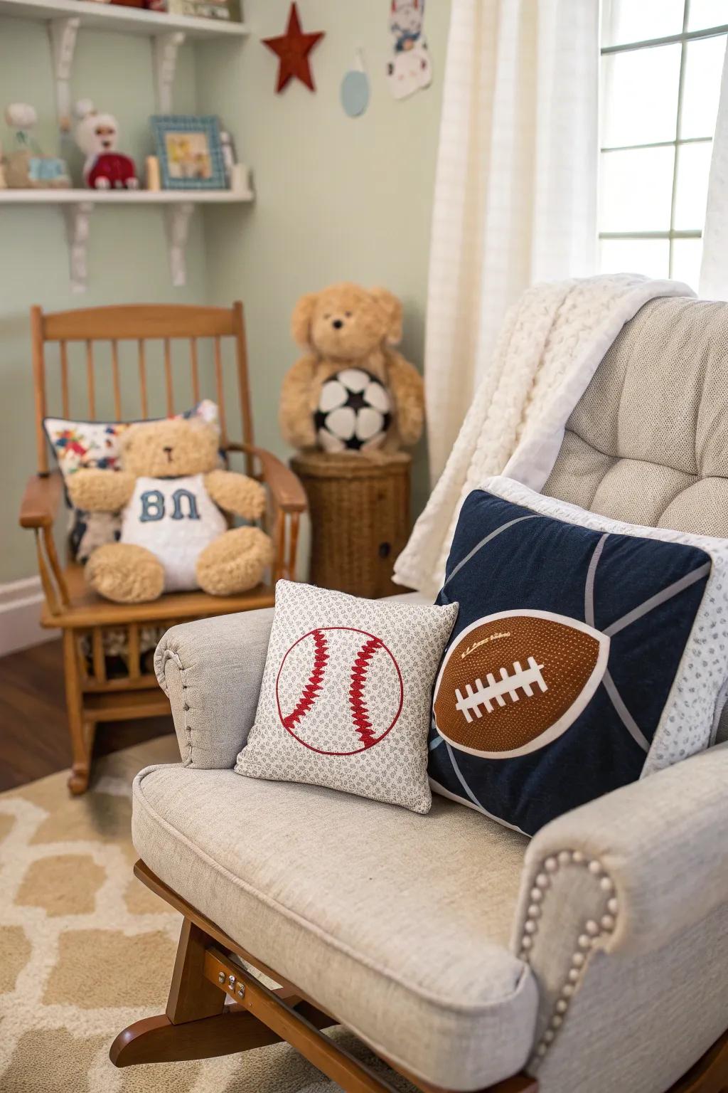 Textured sports pillows add comfort and thematic consistency to the baby room.