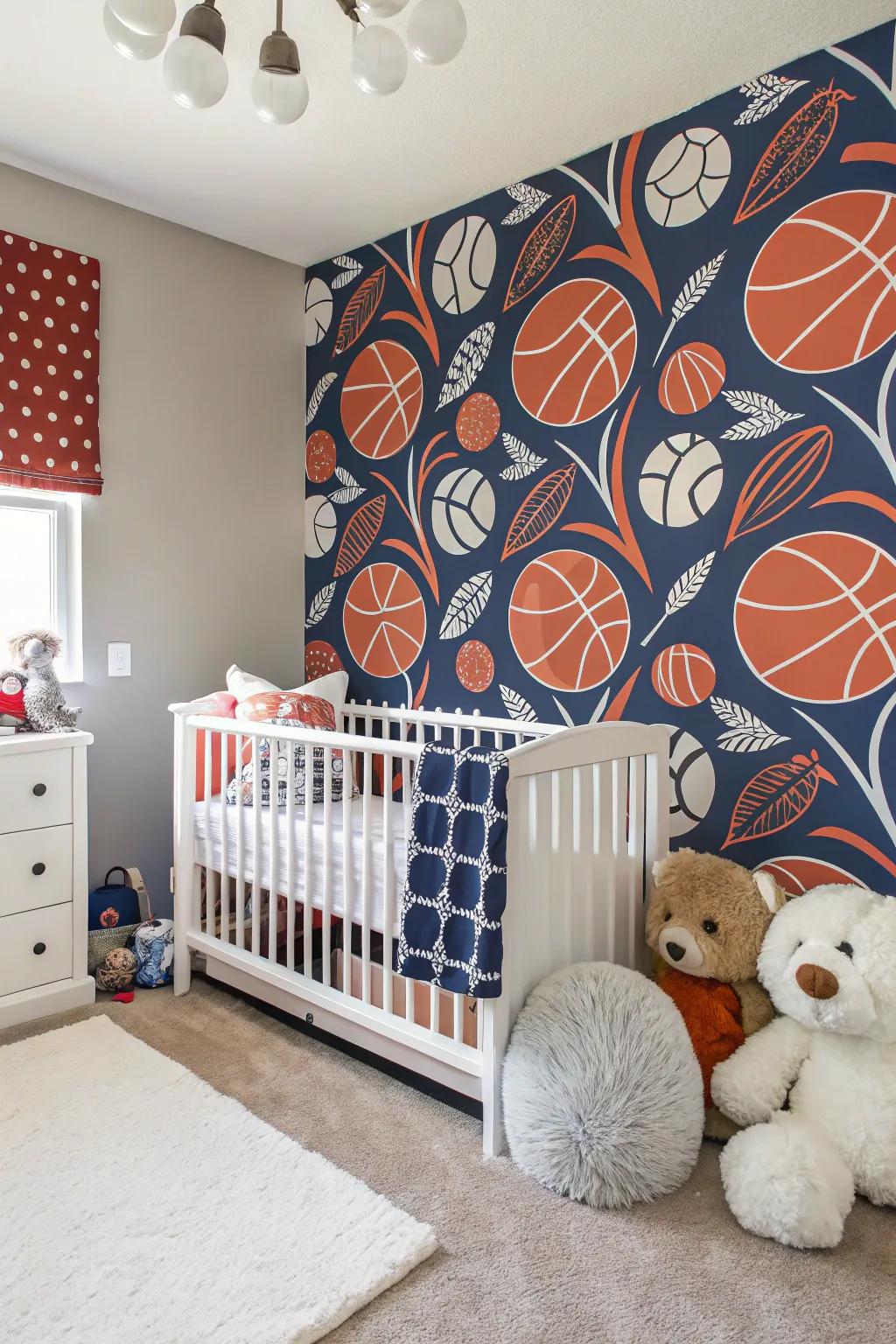 Sports-themed wallpaper creates a striking focal point in the baby room.