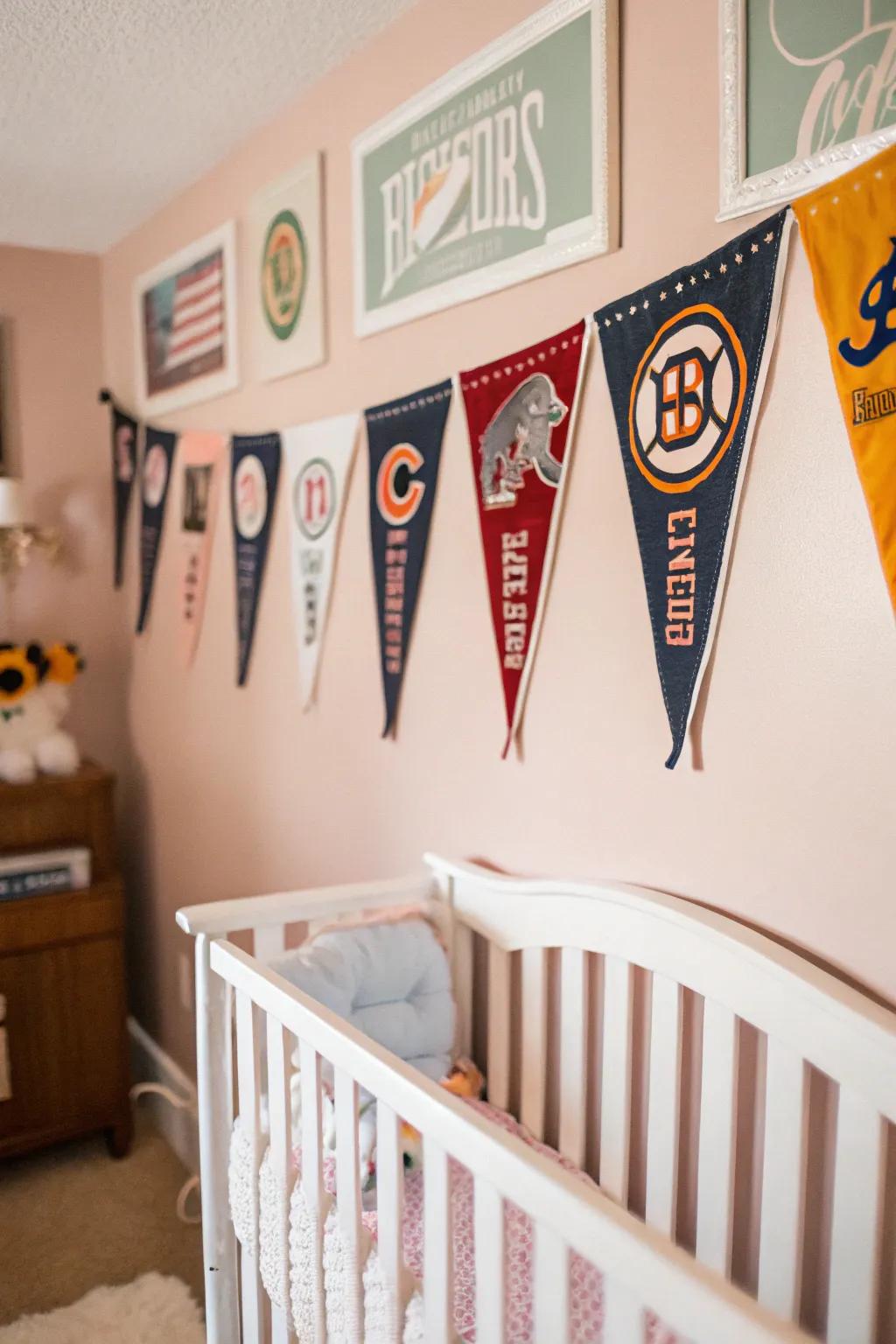 Vintage sports pennants introduce a classic appeal to the baby room décor.