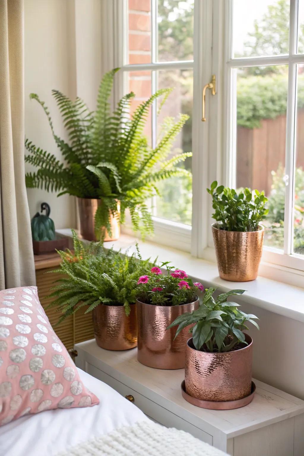 Plants in rose gold pots provide a revitalizing and stylish accent.