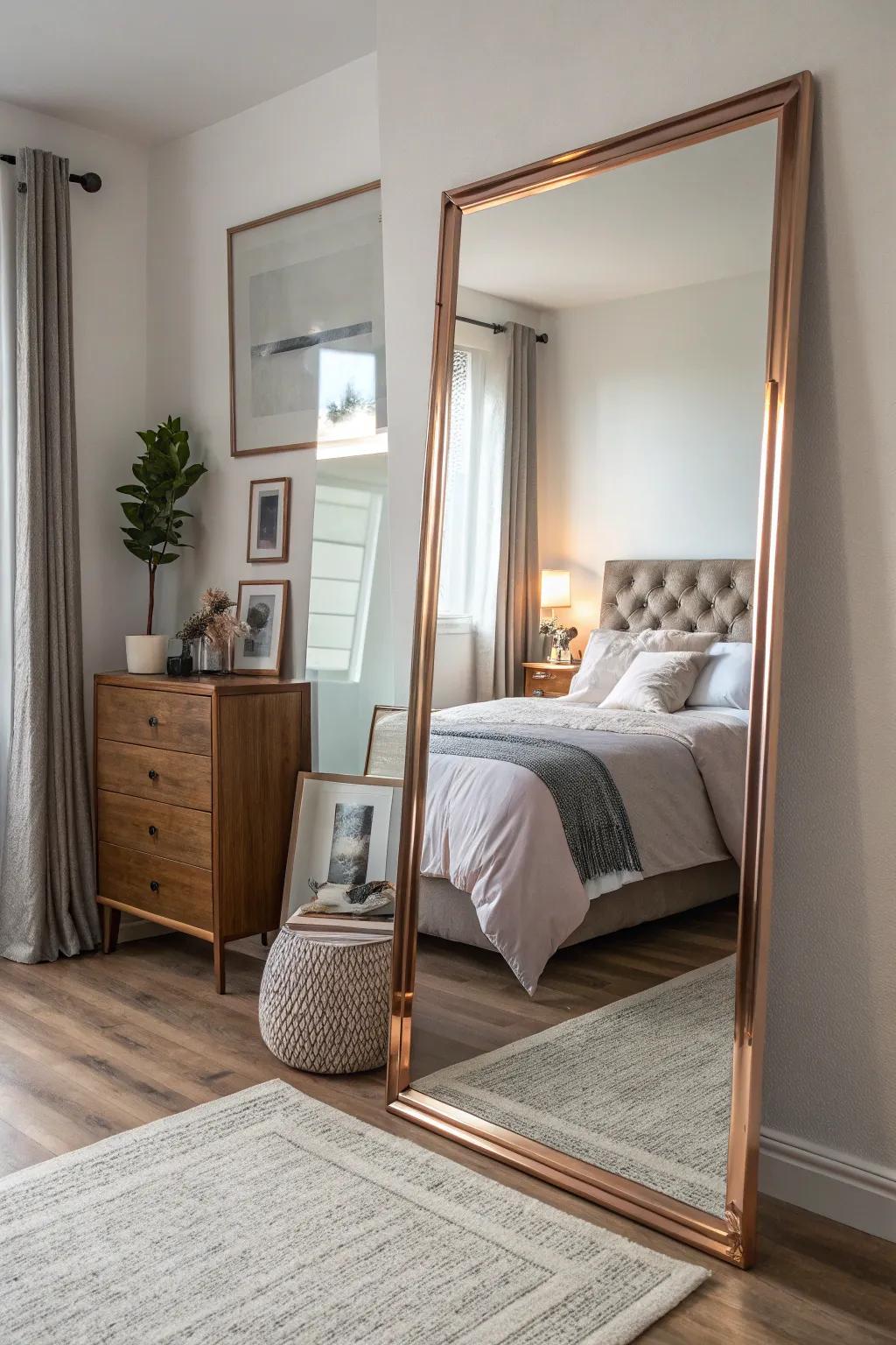 Mirrors with rose gold frames can broaden your space.