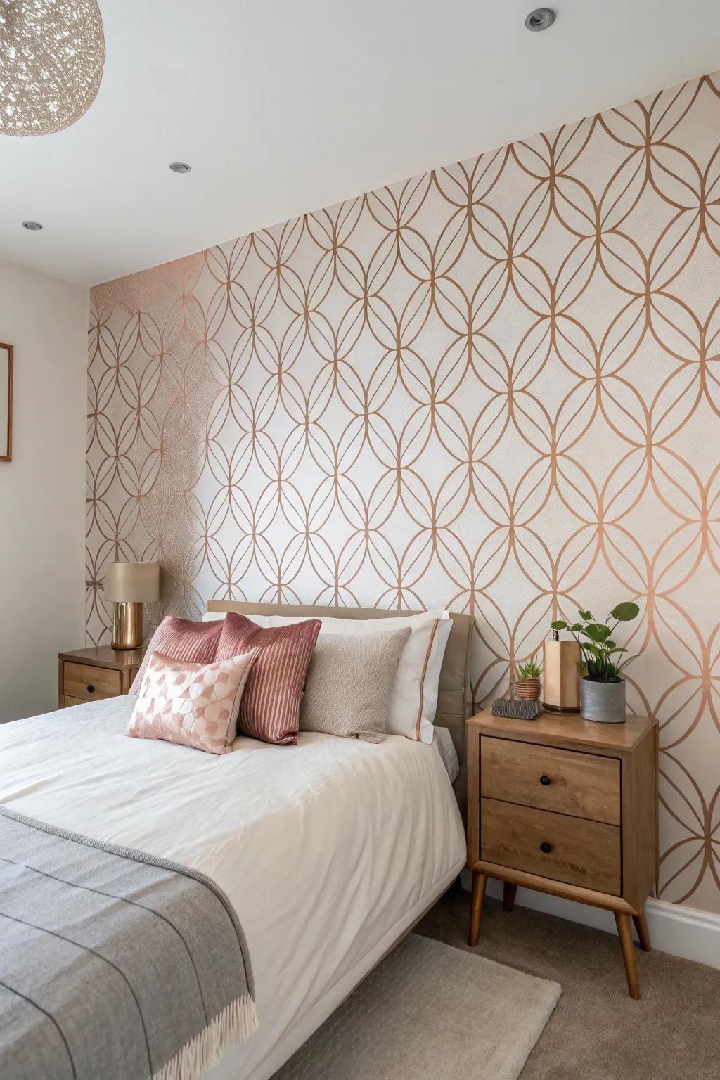 A rose gold accent wall offers a rich focal point.