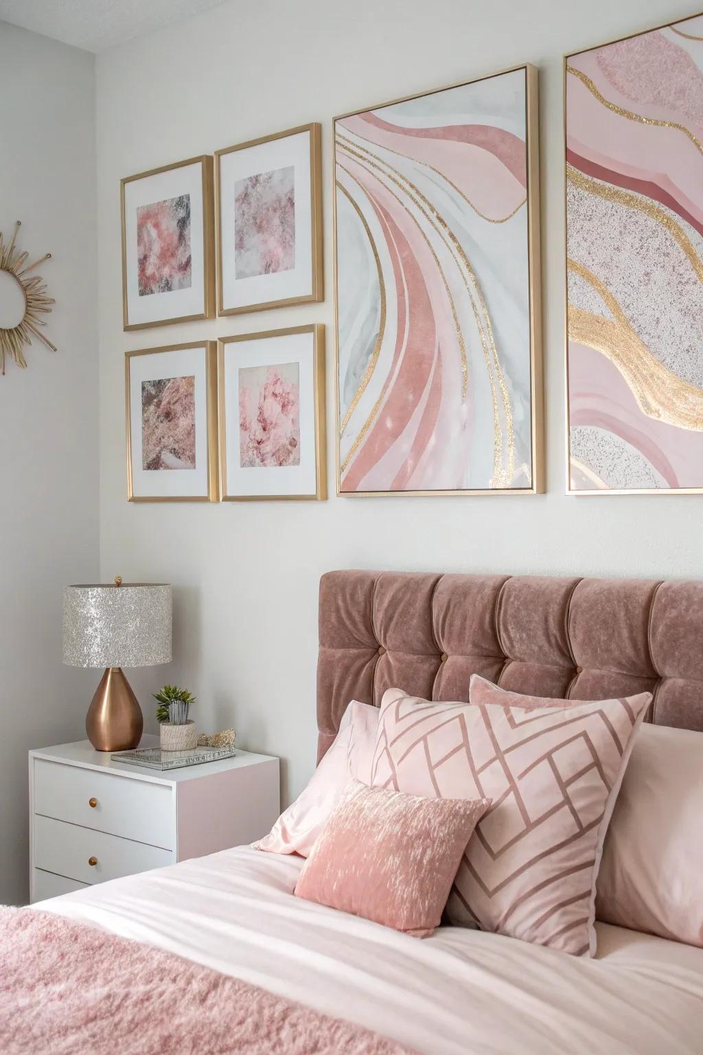 Rose gold wall art introduces a personal and refined touch.