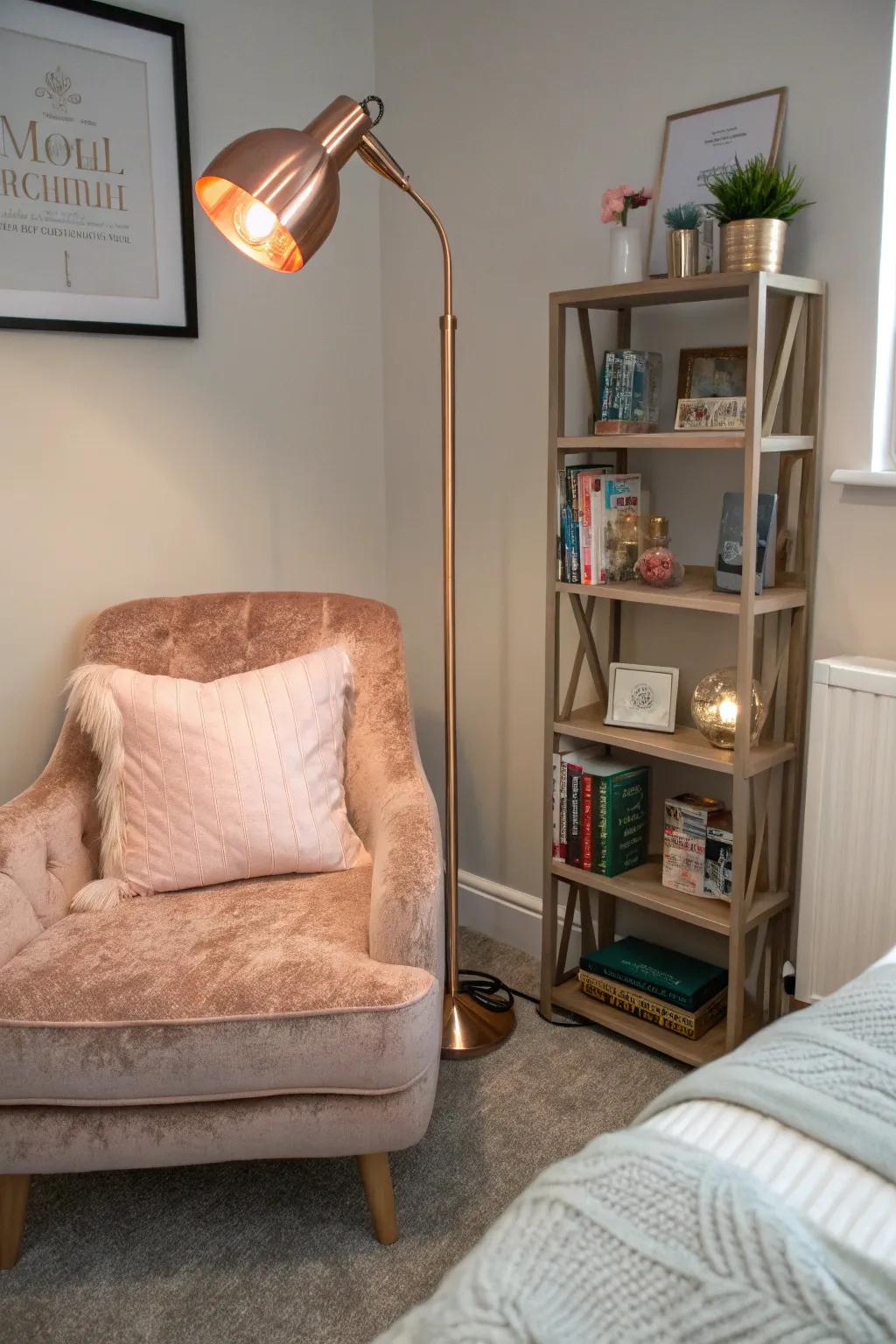 A reading nook with rose gold touches is ideal for winding down.