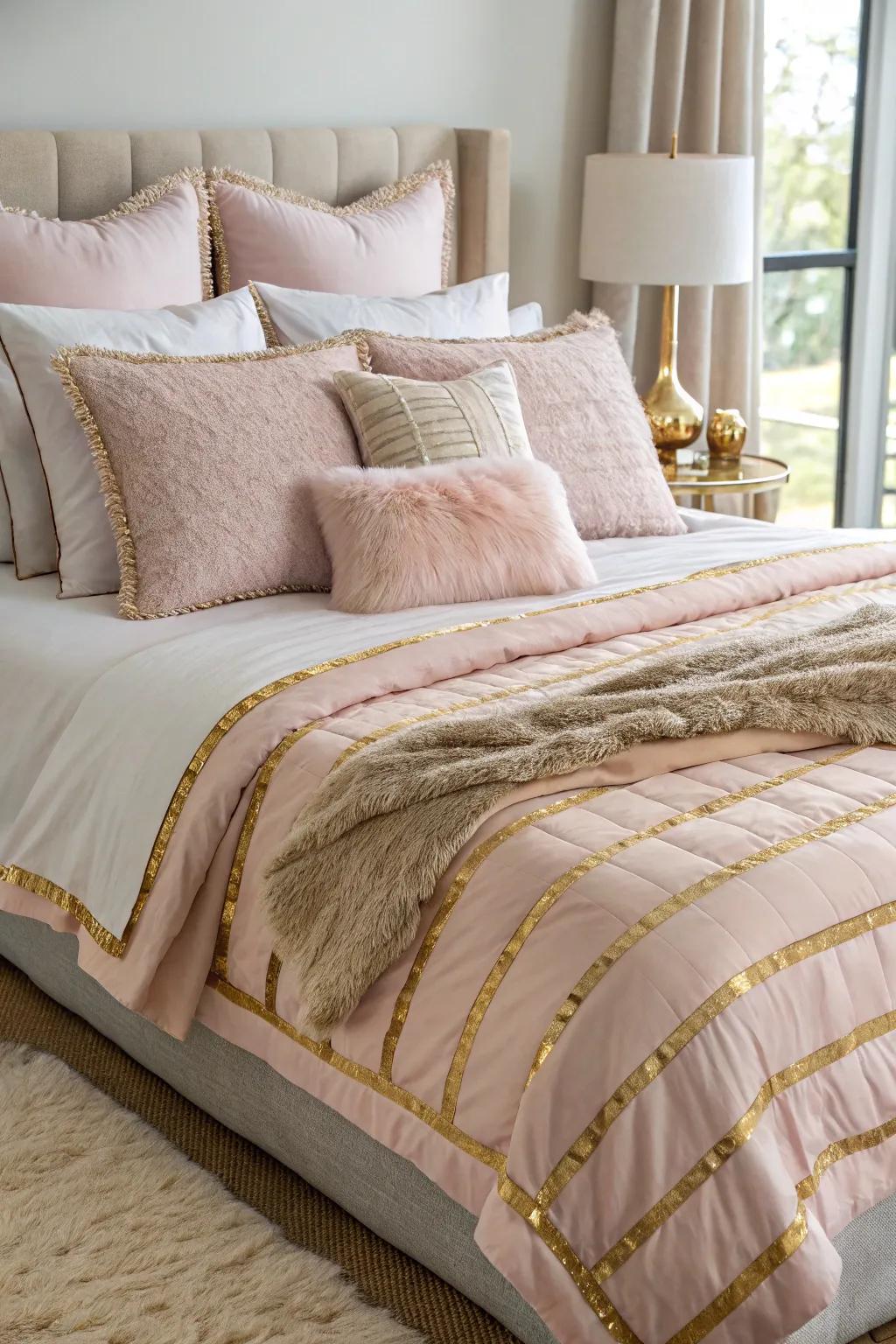 Layered soft pink and gold bedding radiates comfort and style.