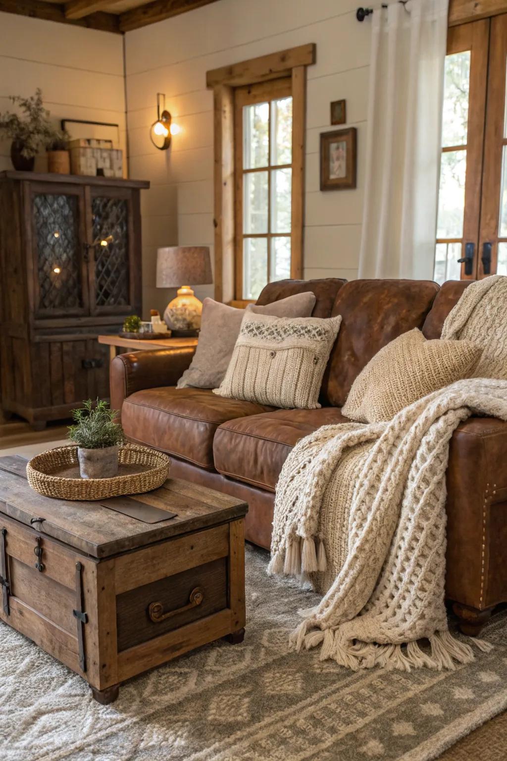Rustic facets fashion a warm, welcoming sanctuary around the chocolate sofa.