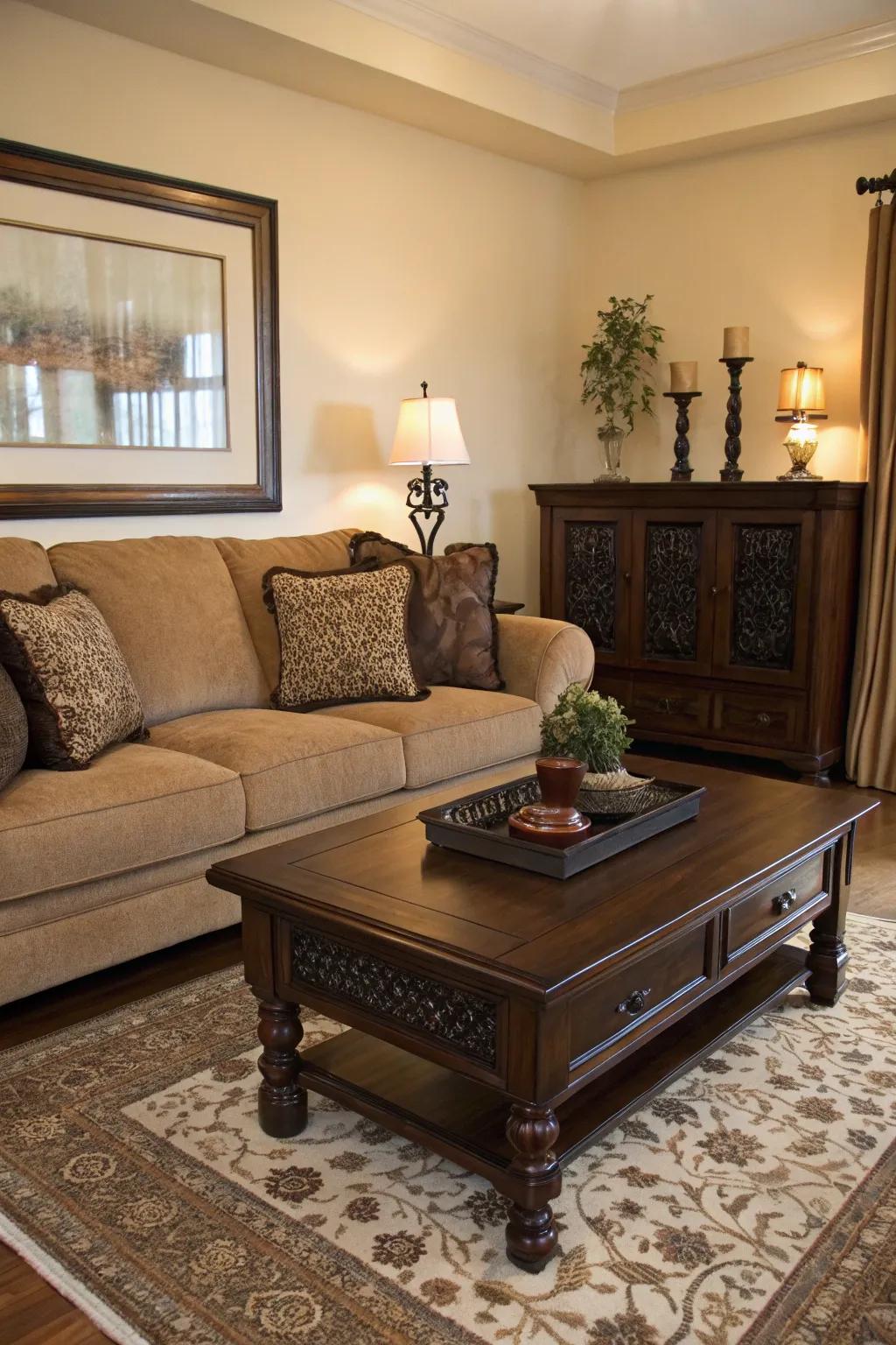 Deeper accents introduce profundity and contrast to the chocolate sofa setting.