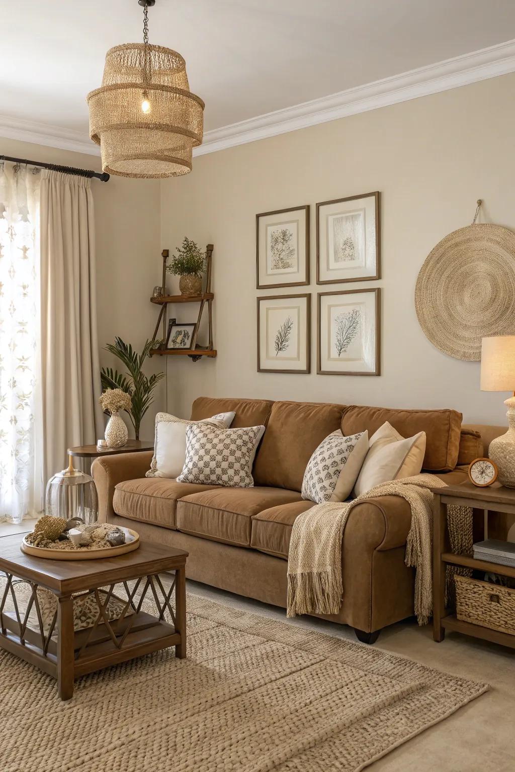 Understated hues harmonize with the opulent chocolate shade for a tranquil setting.