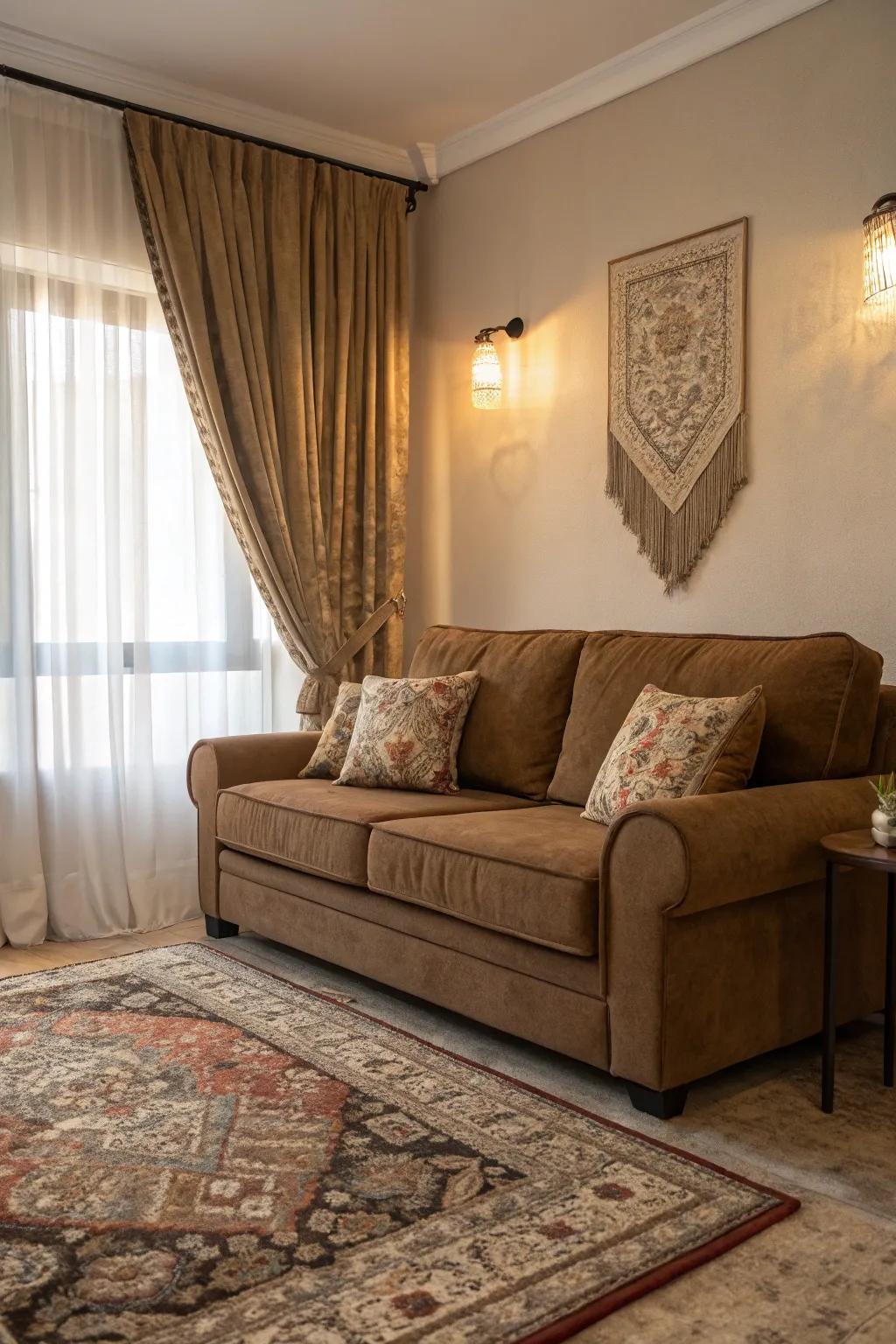 Layered textures introduce dimension and warmth to the chocolate sofa area.