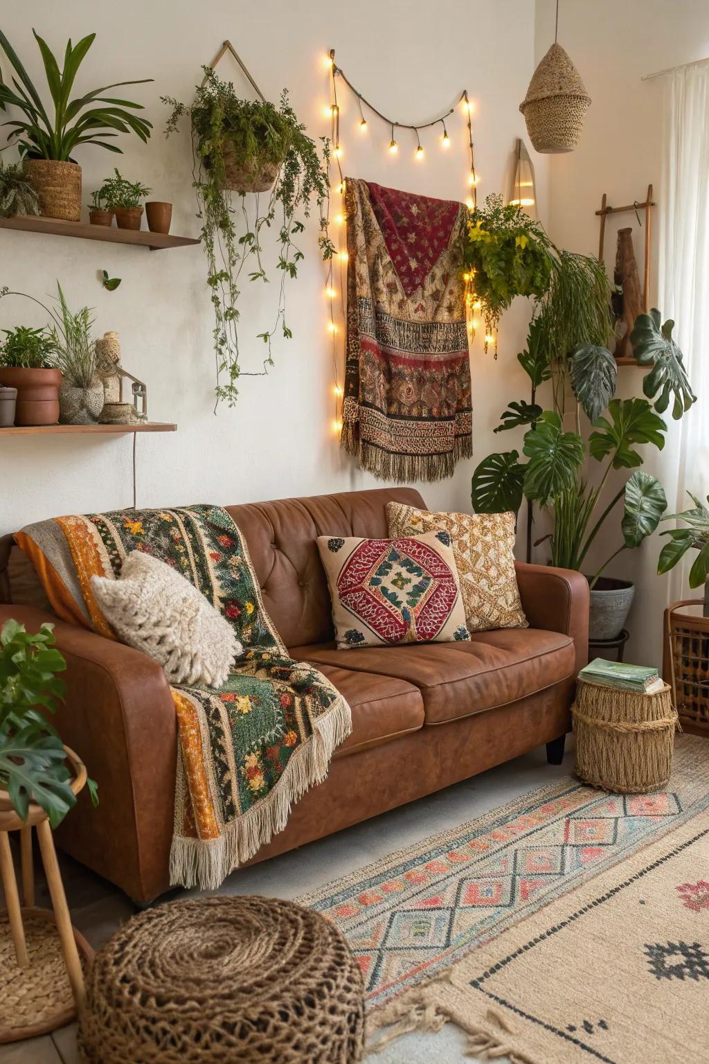 Bohemian facets fashion a relaxed and vibrant area around the chocolate sofa.