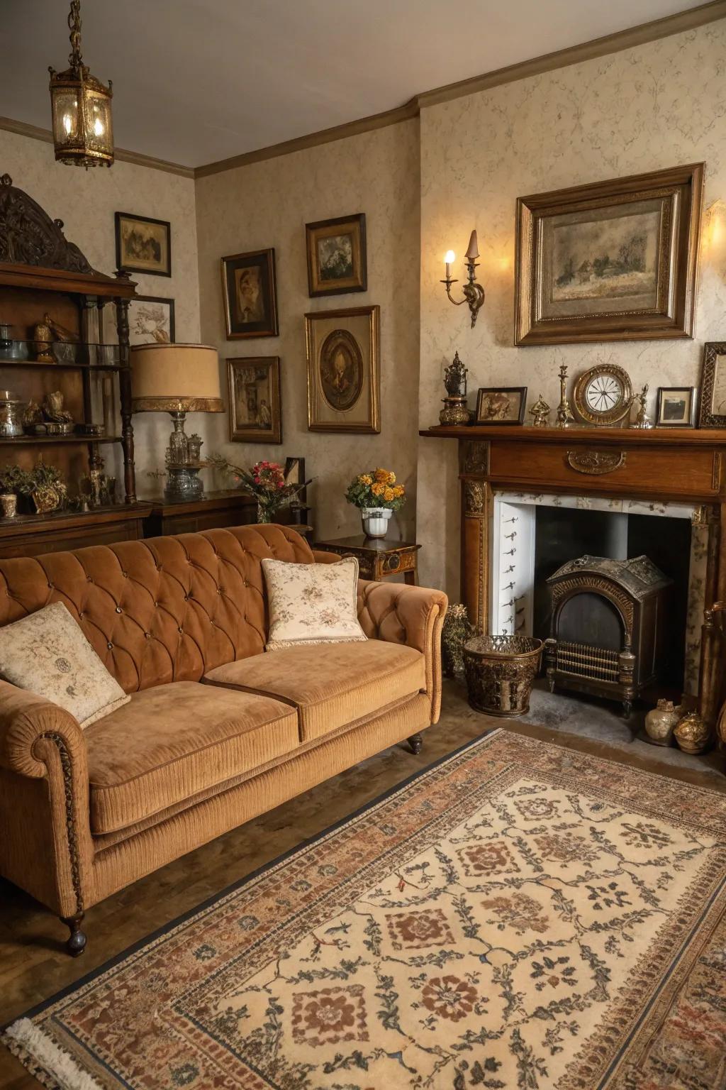 Vintage facets introduce allure and nostalgia to the chocolate sofa area.