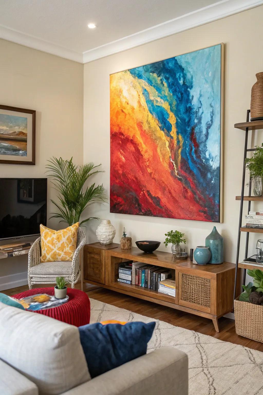 A vivid display of hues injects energy into this living space.