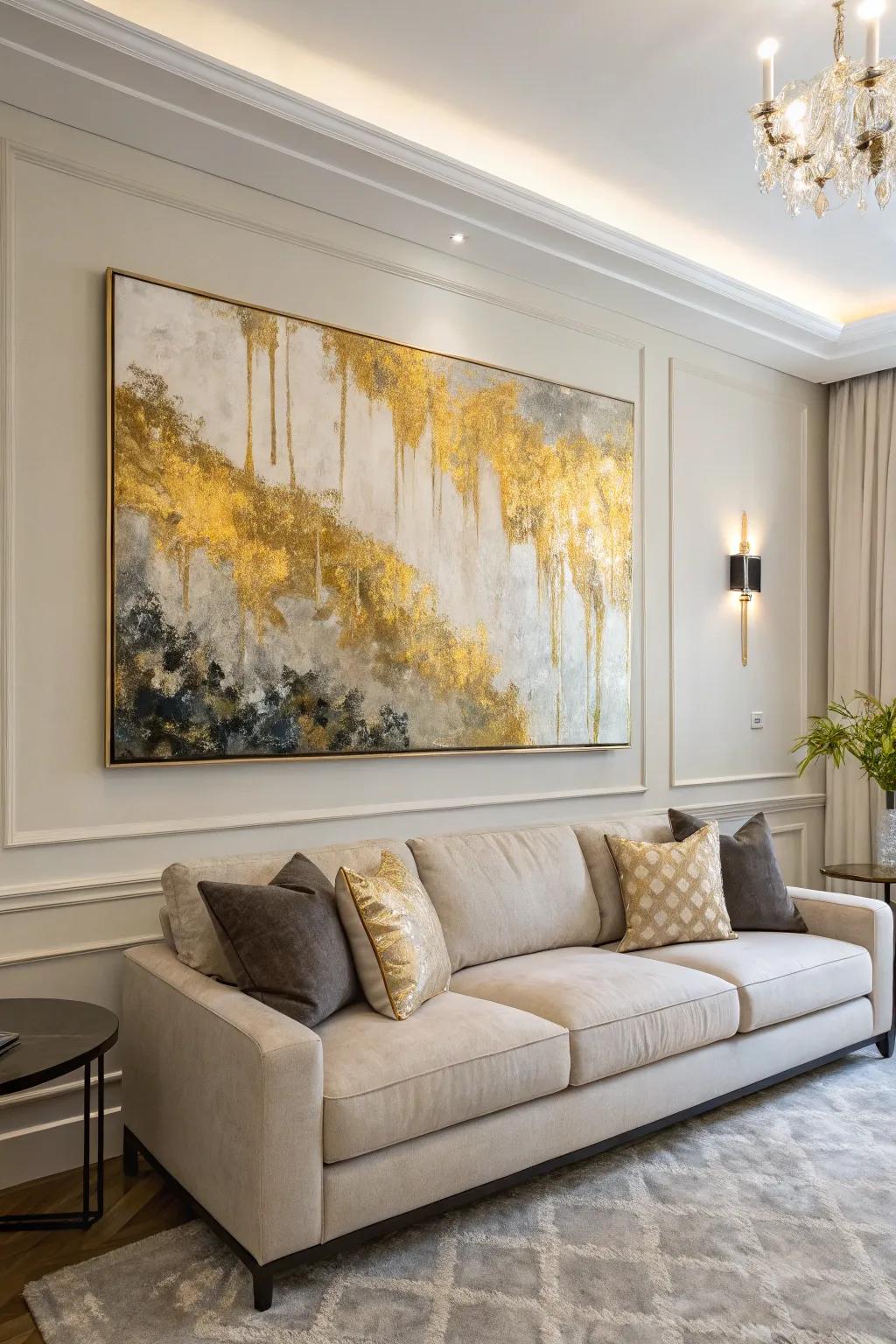 The blend of gold and neutral shades imparts both elegance and coziness to this living area.