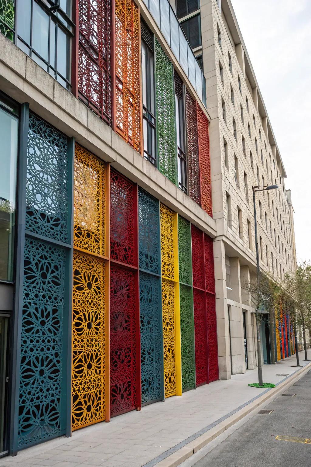 Vibrant screens make a bold statement on this facade.