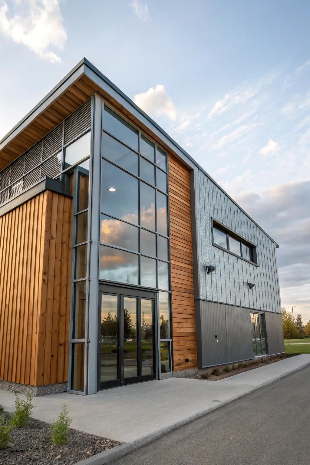 Mixed materials create an engaging and welcoming building exterior.