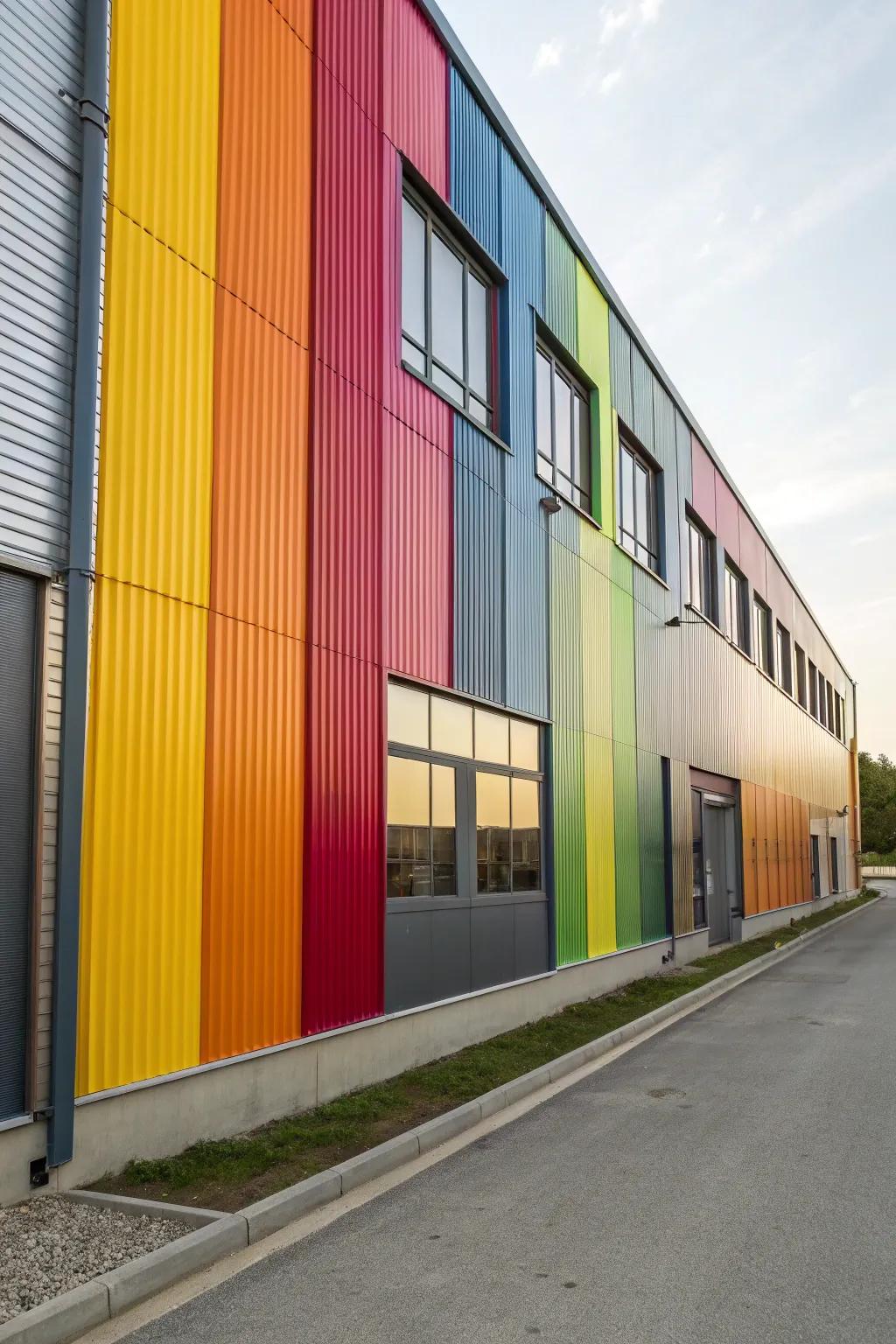 Vibrant hues personalize and energize this metal facade.