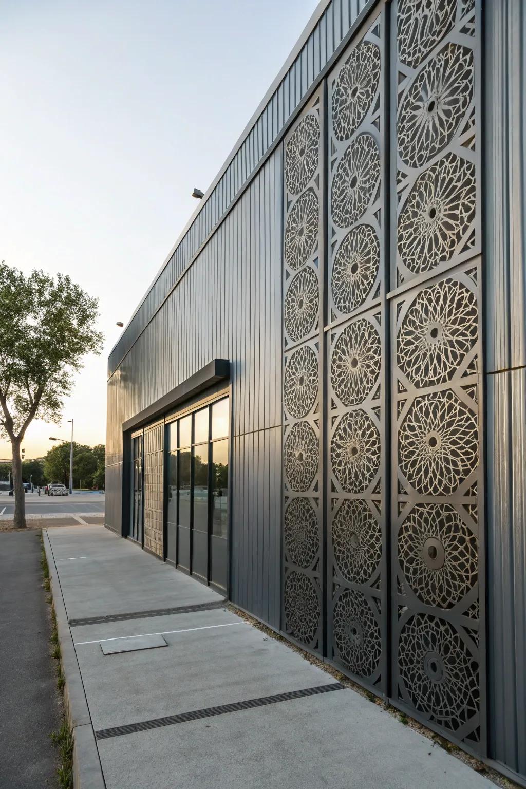 Textured designs add visual interest to this metal facade.