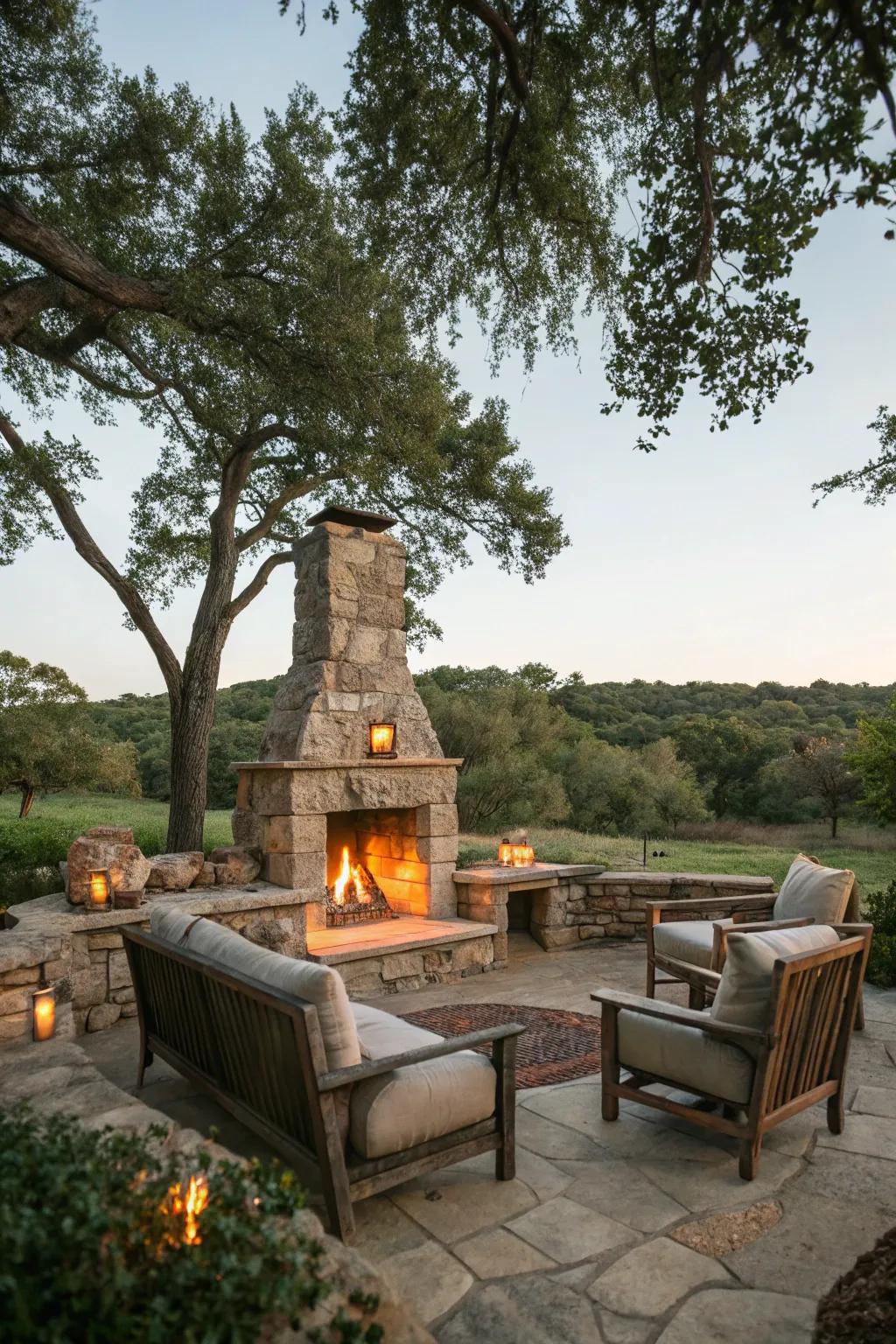 A rustic stone fireplace serves as an attractive centerpiece in any garden.