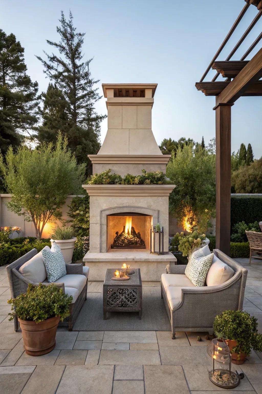 Appreciate a dual-sided fireplace as a distinctive backyard feature.