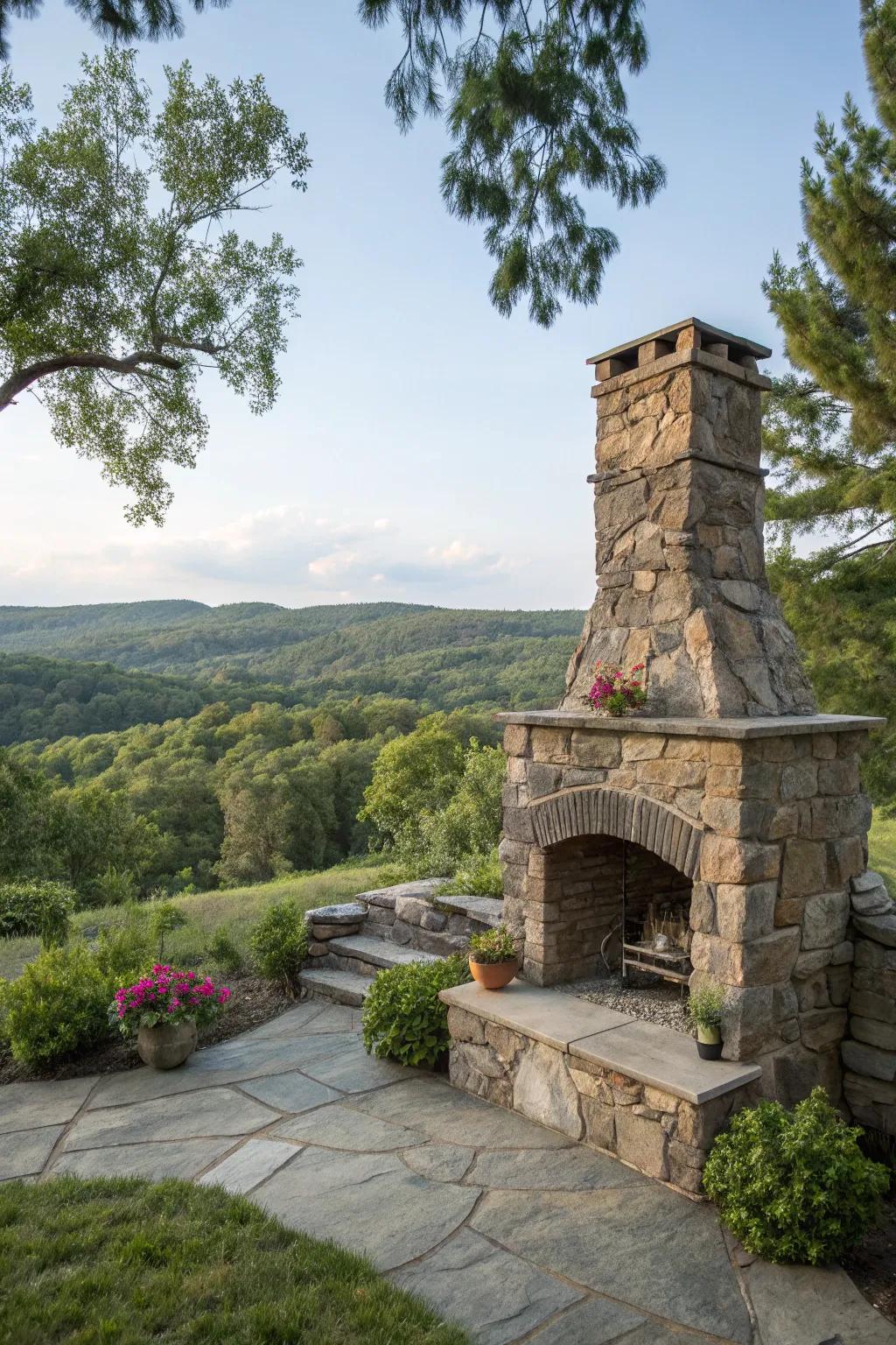 Create a harmonious outdoor space with a natural stone fireplace.