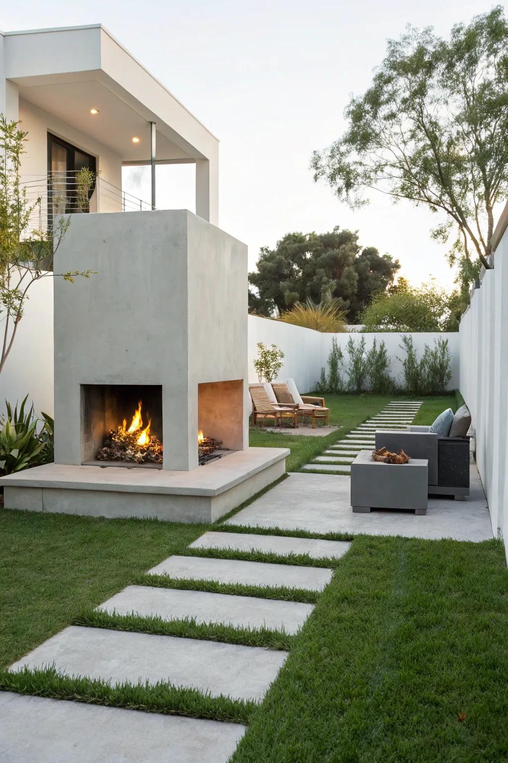 Delight in simplicity with a modern minimalist outdoor fireplace.
