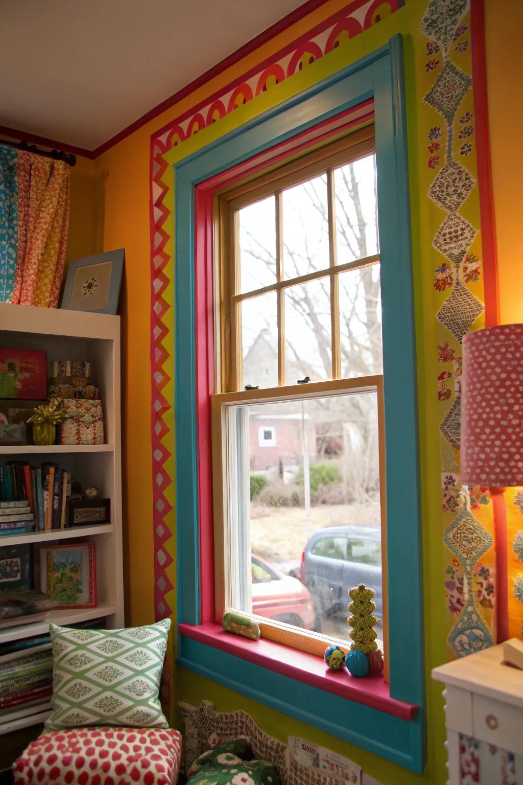 Brightly painted trim adds a playful touch to every window.