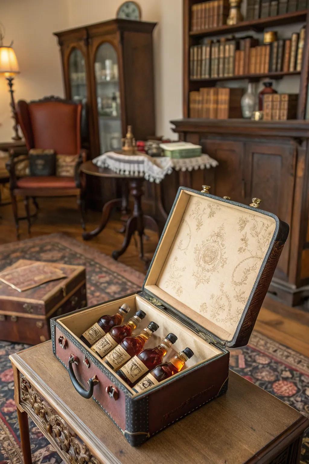 A classic travel case imaginatively presenting miniature spirit bottles.