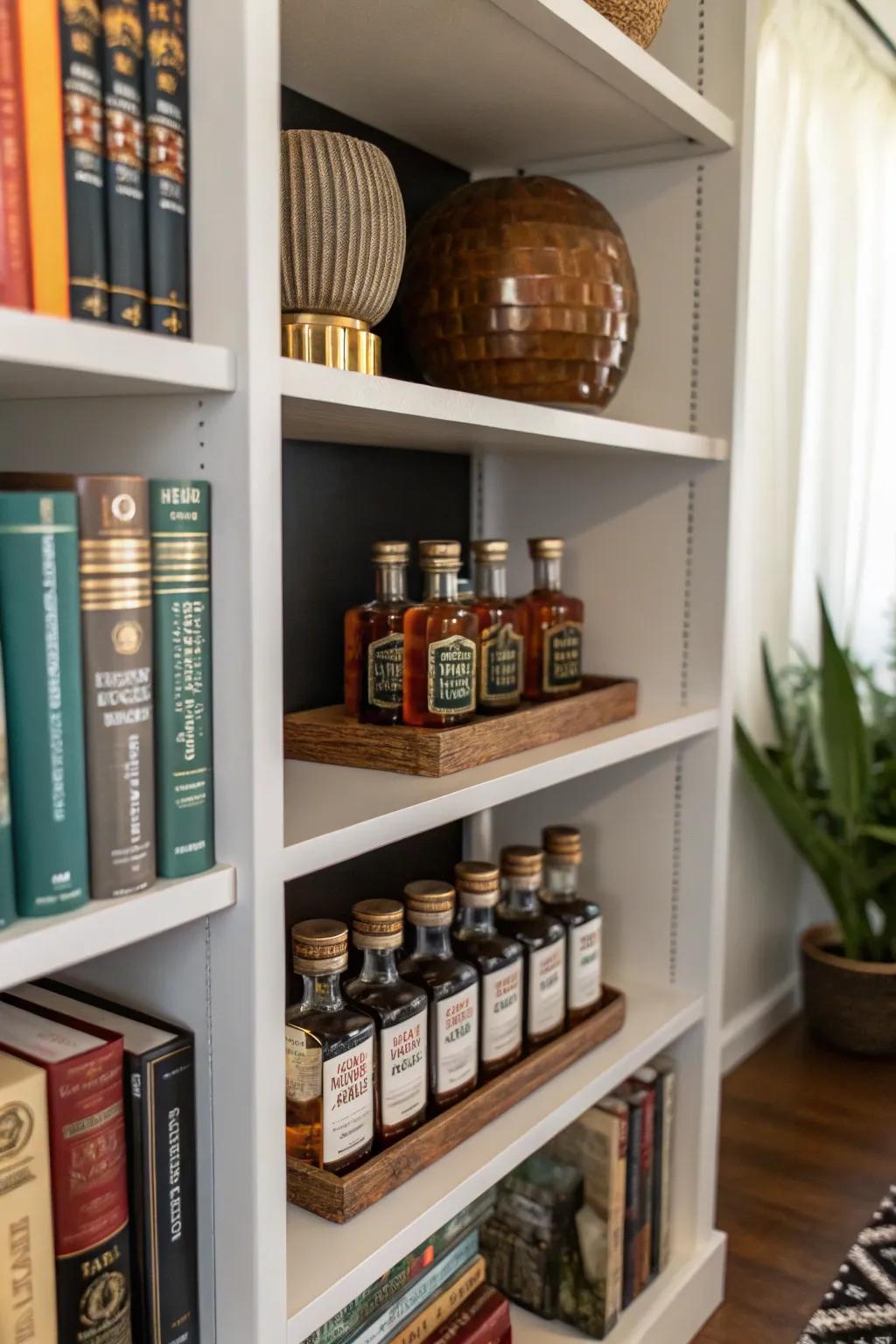 A bookcase imaginatively integrating miniature spirit bottles into its layout.