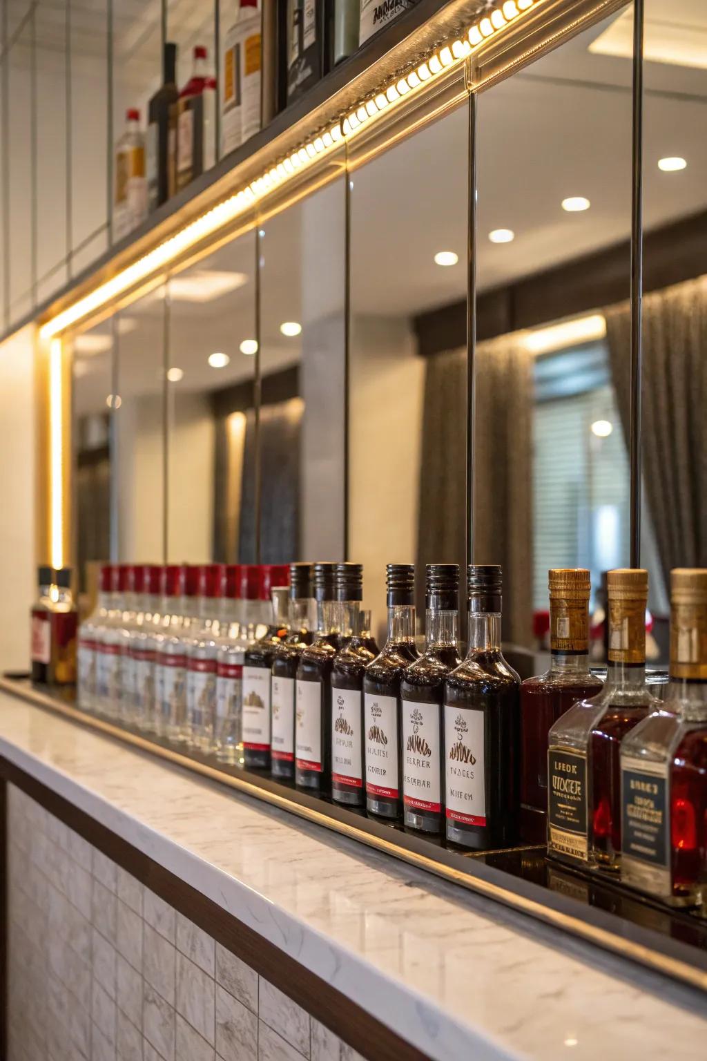 A reflective backdrop fashioning an expansive aesthetic impact for miniature spirit bottles.