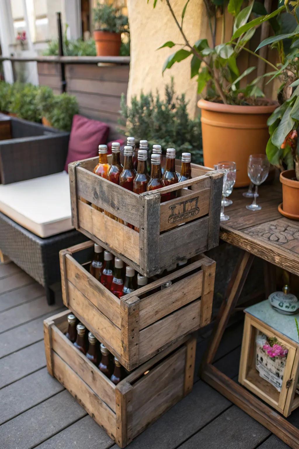 Classic containers stacked to construct an enchanting presentation for miniature spirit bottles.