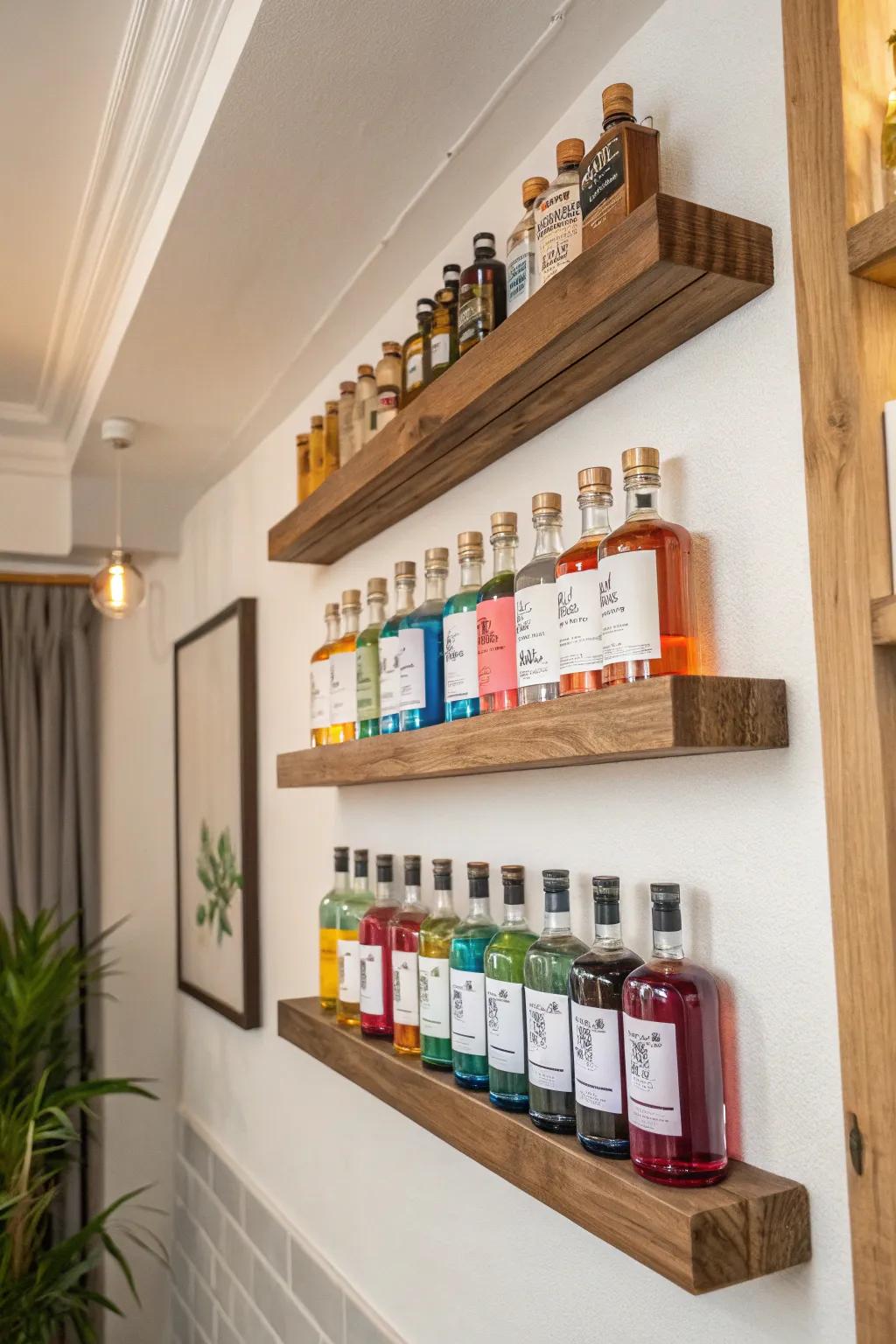 Wall-mounted shelves offering an elegant showcase for a collection of miniature spirit bottles.