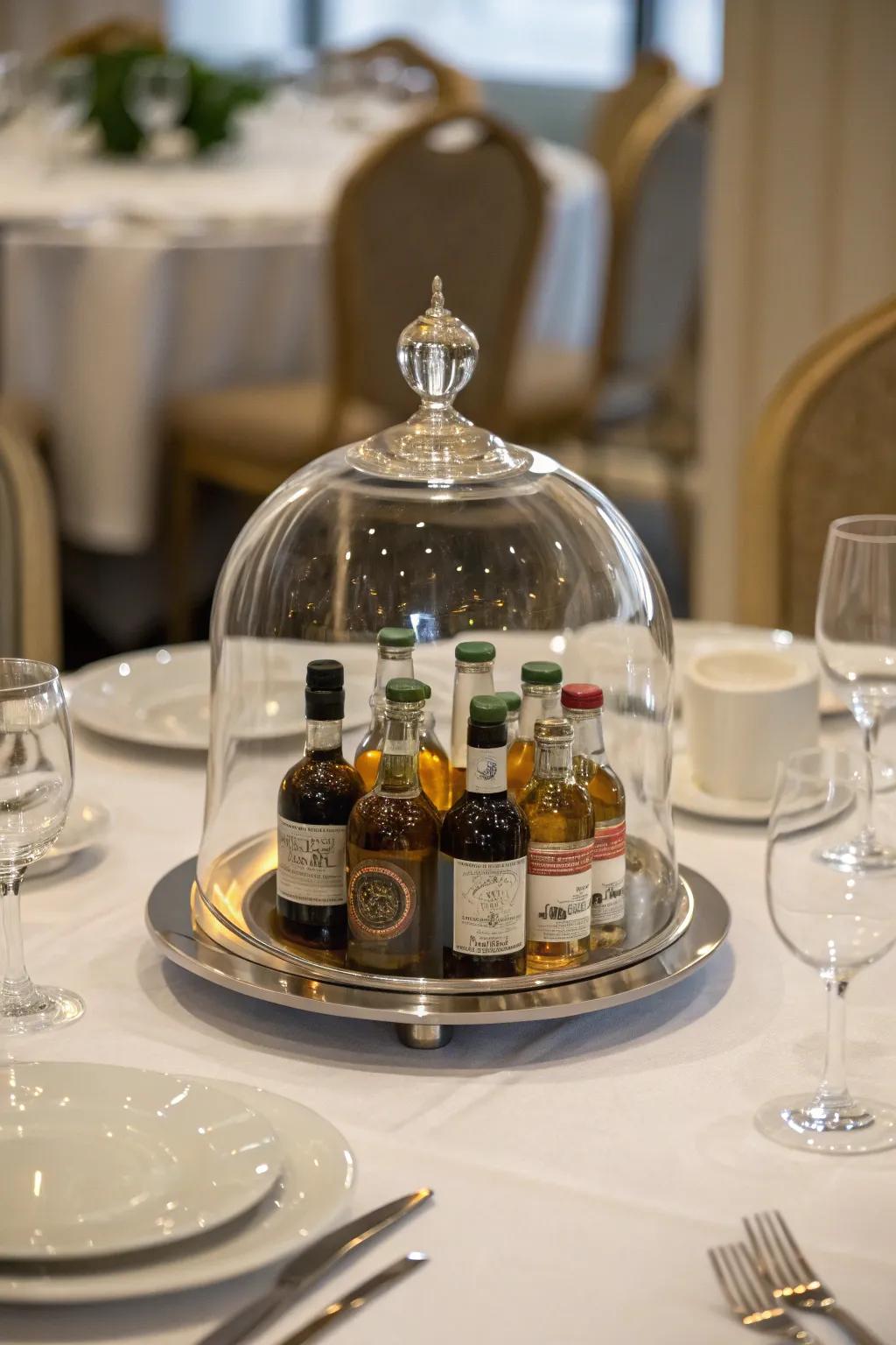 A crystal dome incorporating sophistication to the presentation of miniature spirit bottles.