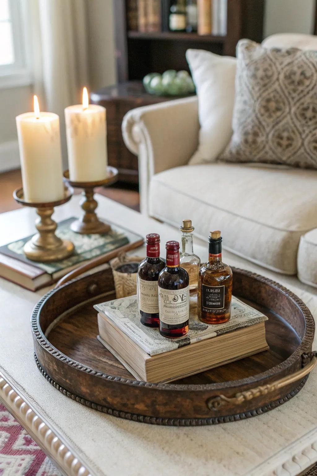 A vintage serving tray stylishly presenting miniature spirit bottles on a coffee table.