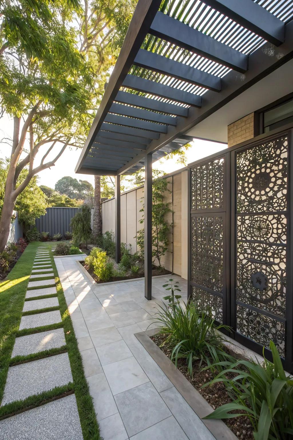Metal panels impart a polished, artistic flair to pergolas.