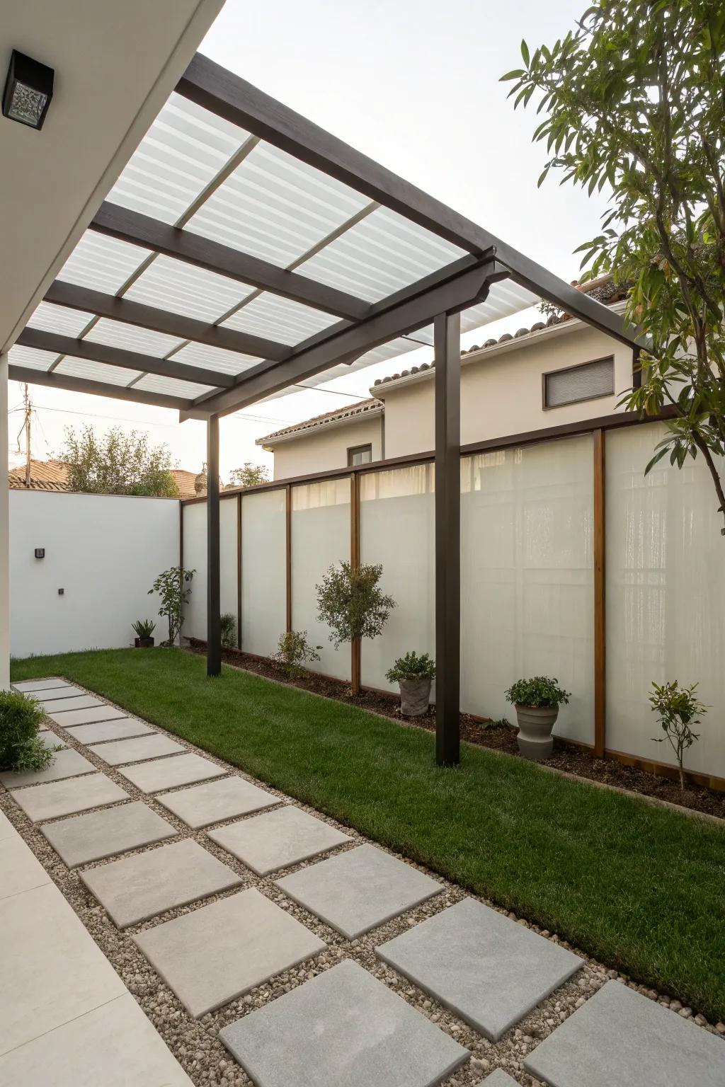 Frosted glass panels ensure privacy with a contemporary edge.