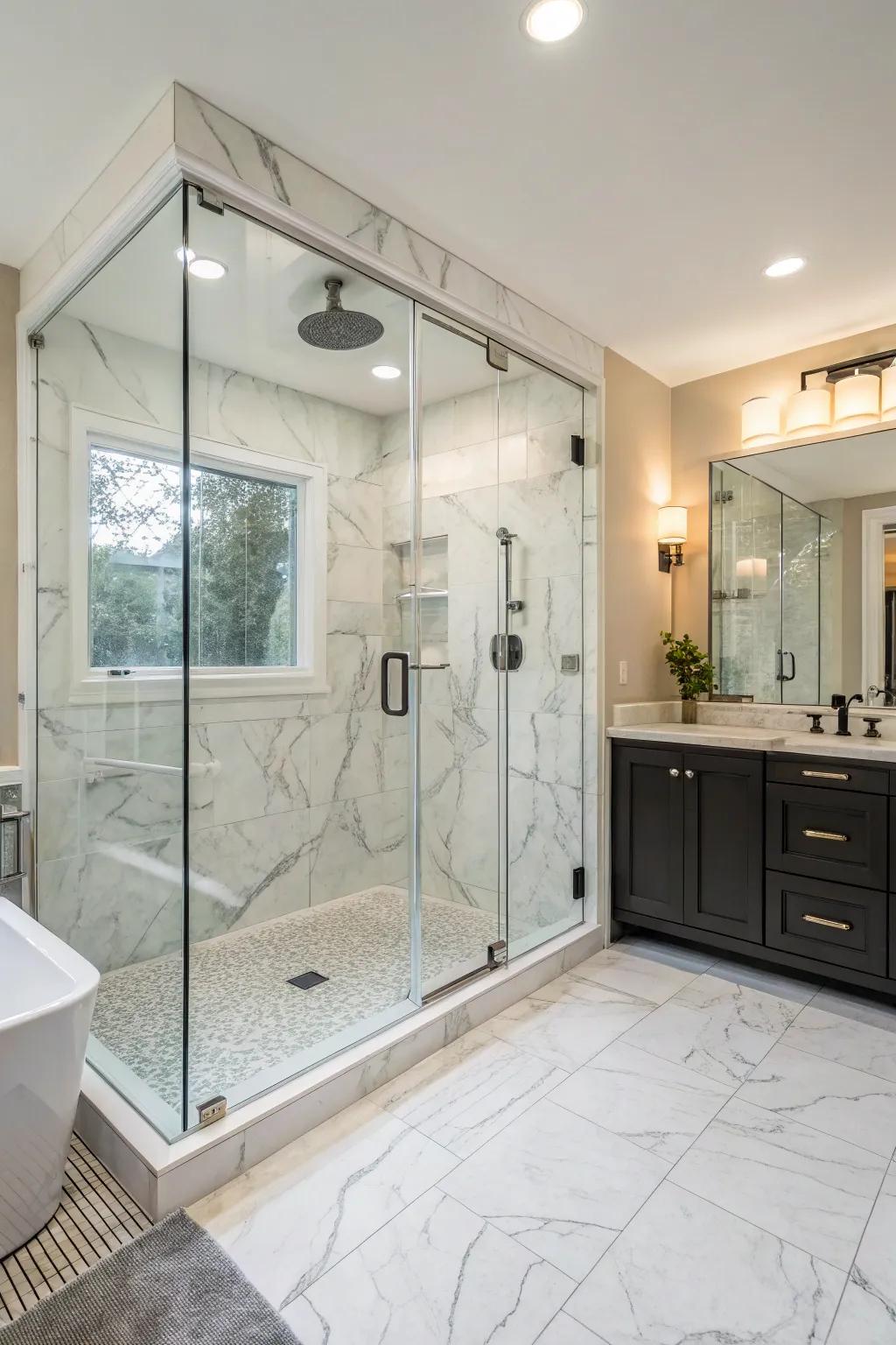 An open and inviting walk-in shower with stone-look refined slabs and frameless glass.
