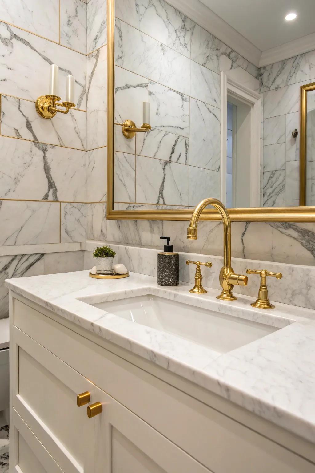Gilded and copper accents beautifully complementing stone-look refined slabs in an opulent bathroom.