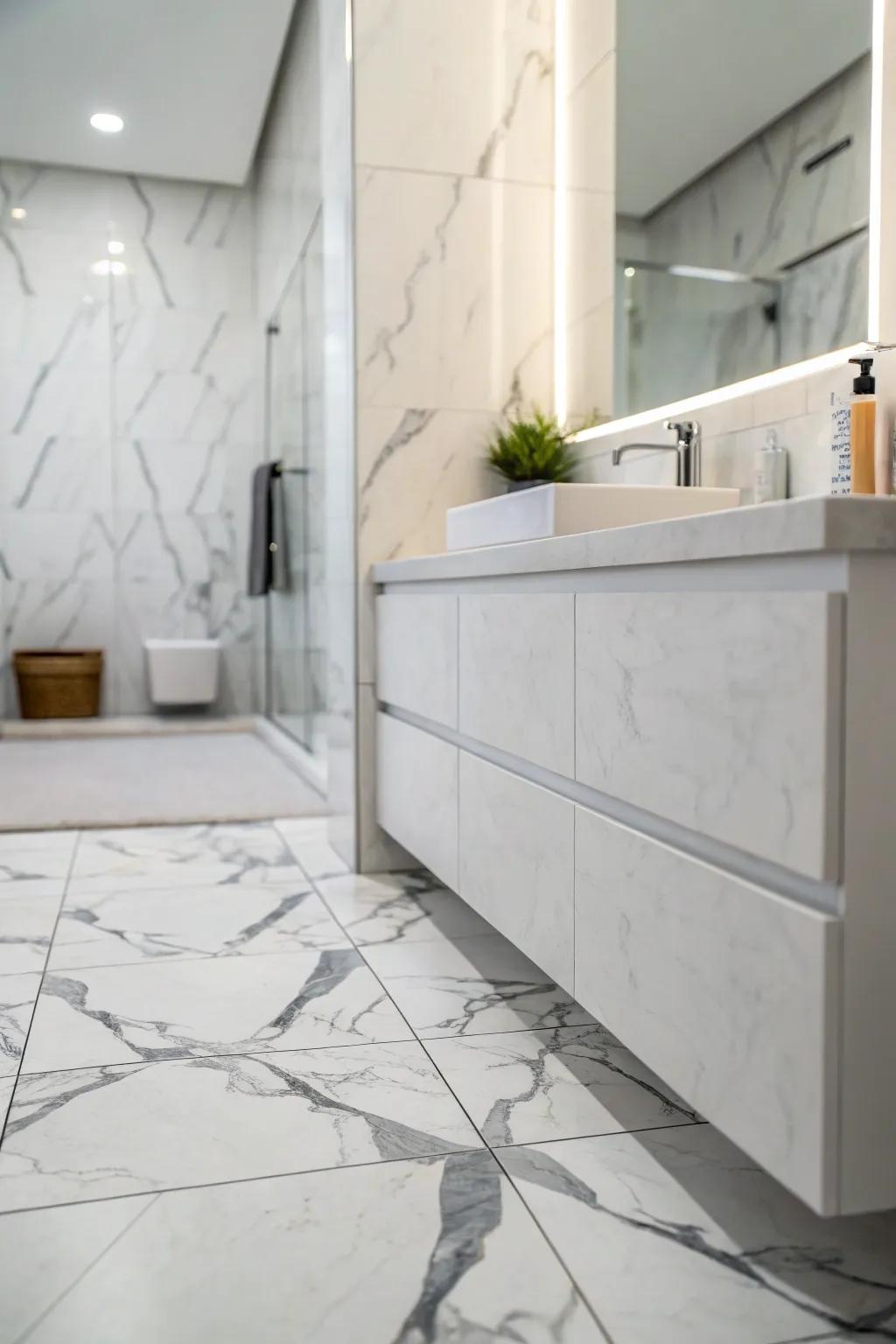 A serene bathroom showcasing a neutral color story with white and grey stone-look refined slabs.