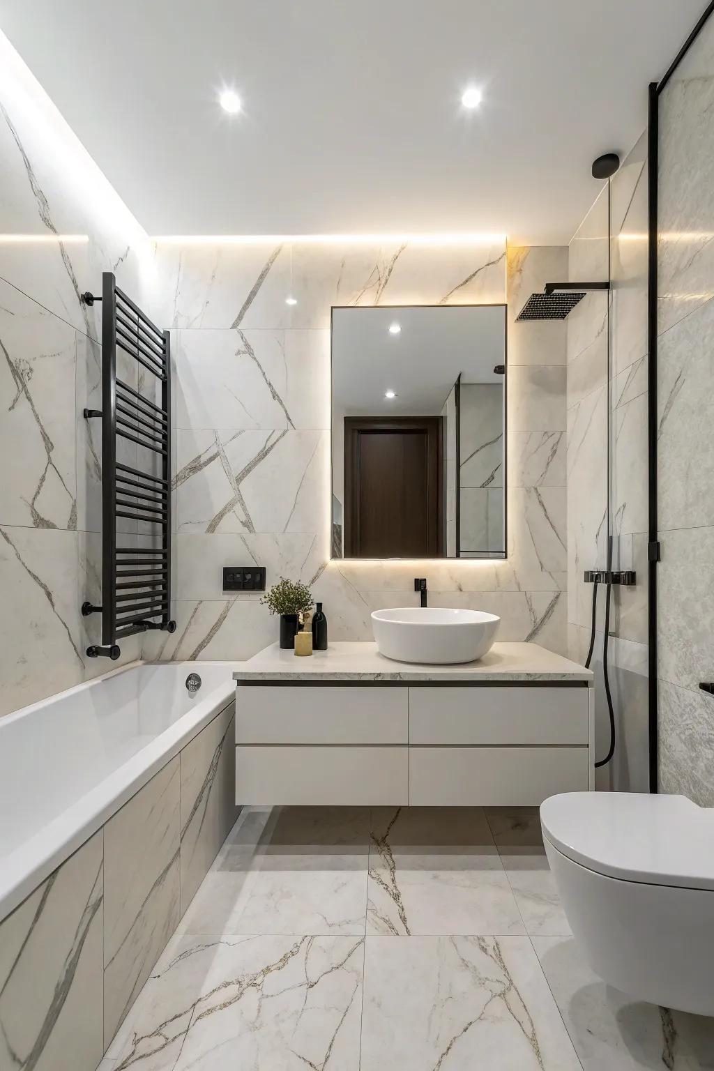 Minimalist decor adding warmth and nature to a bathroom with stone-look refined slabs.