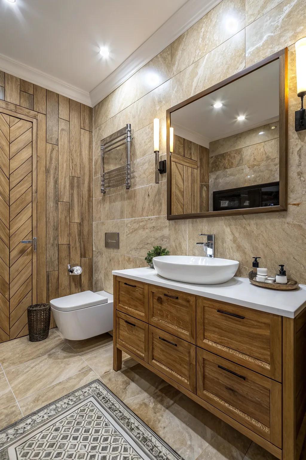 Timber-look stone-look refined slabs inject rustic charm and elegance.
